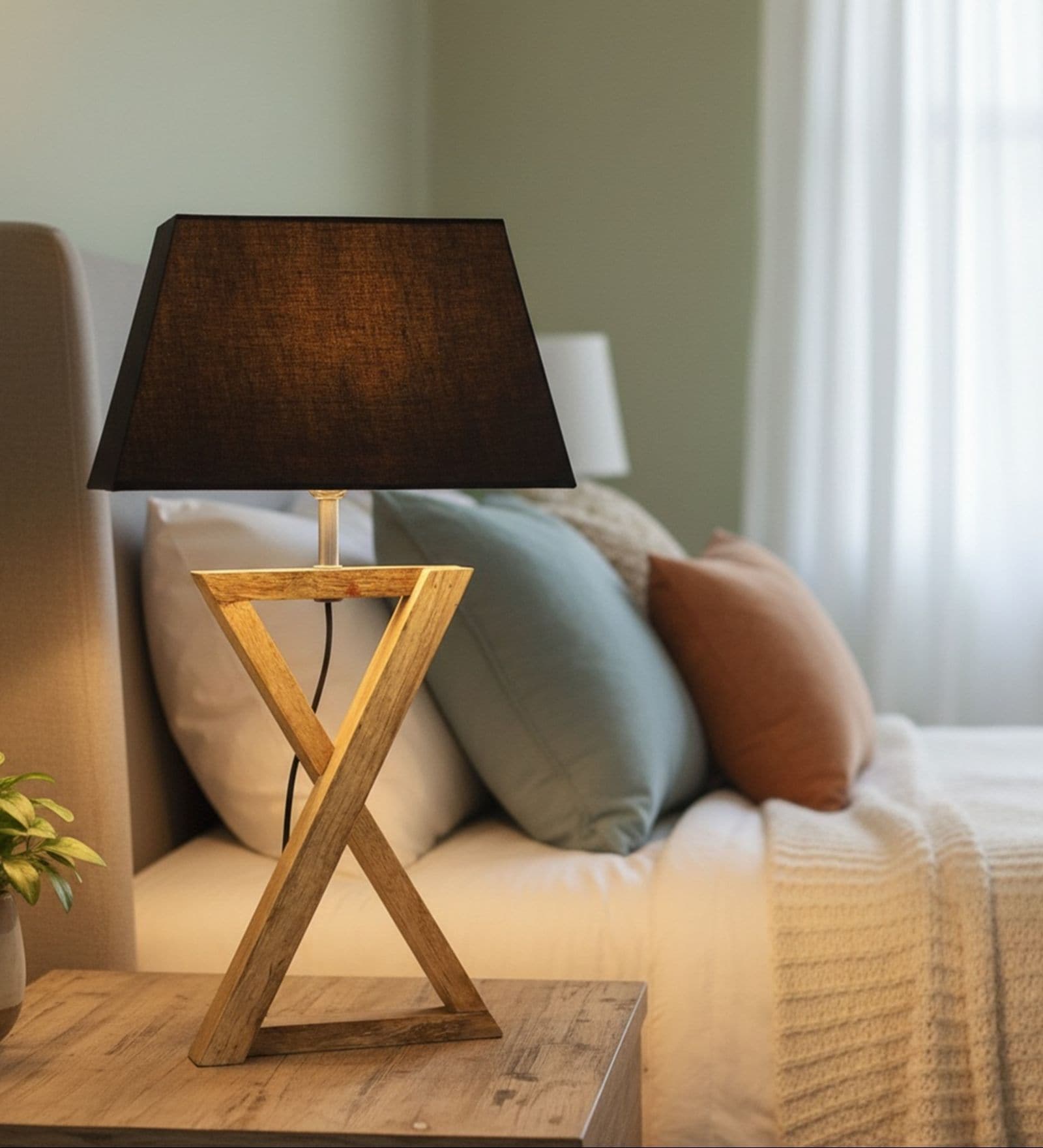 Natural Walnut Finish Solid Wood Table Lamp with Flex Fabric Shade