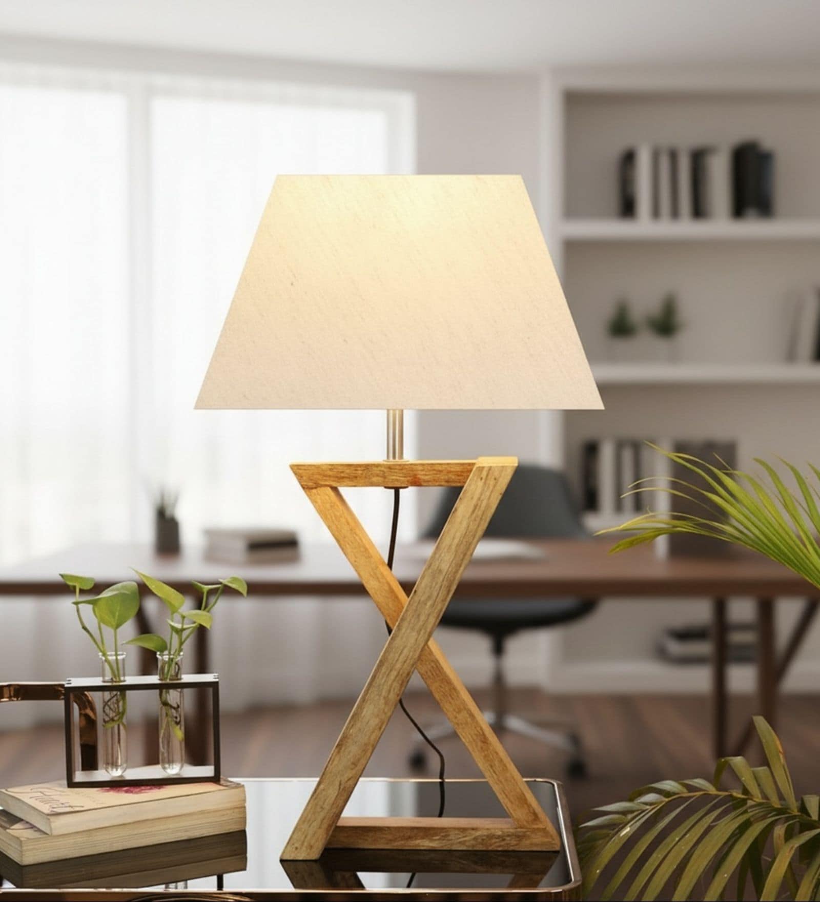 Natural Walnut Finish Solid Wood Table Lamp with White Fabric Shade