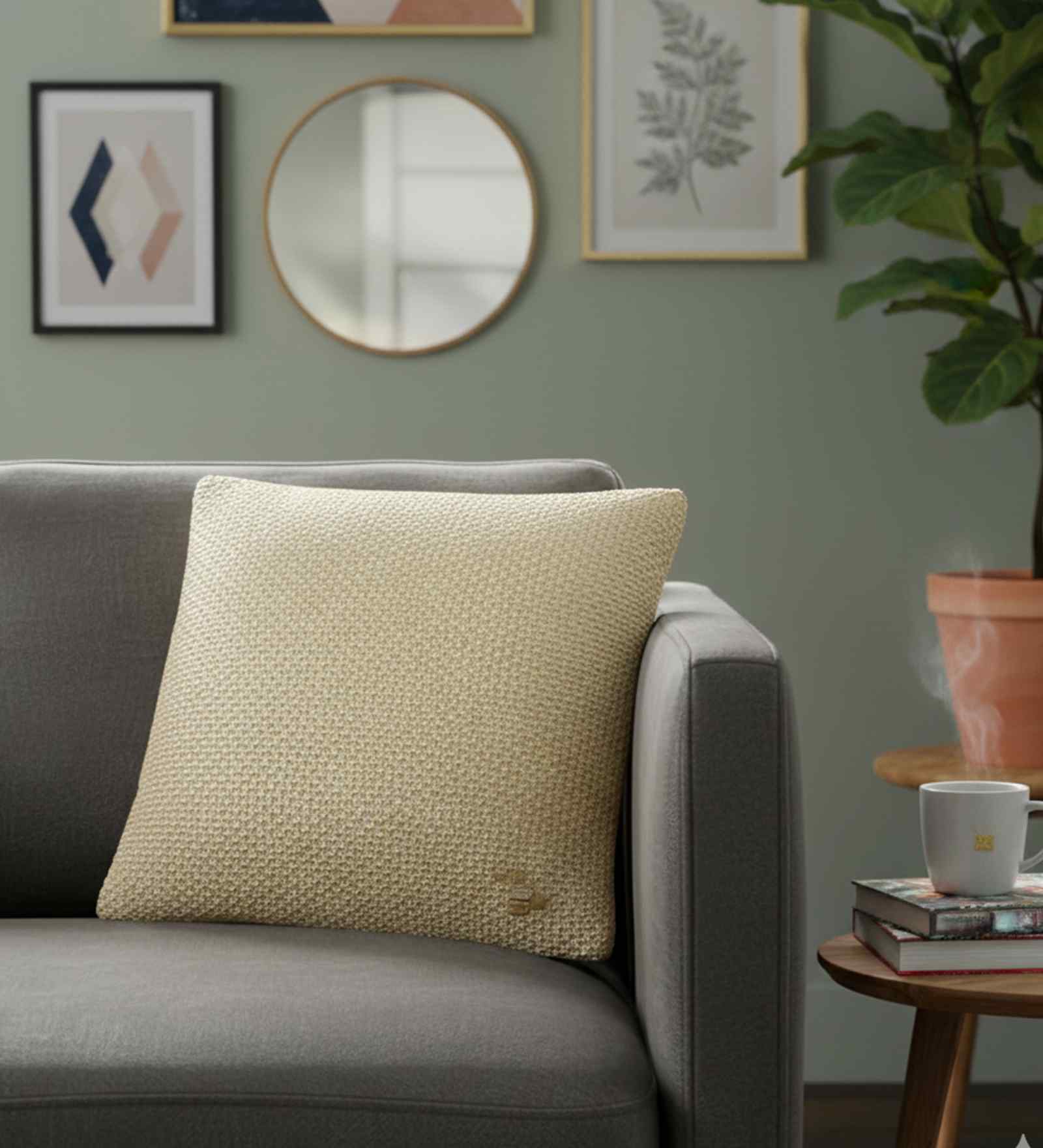 Natural With Gold Foil 100% Cotton Moss Foil Print 16X16 Inches Knitted Cushion Cover