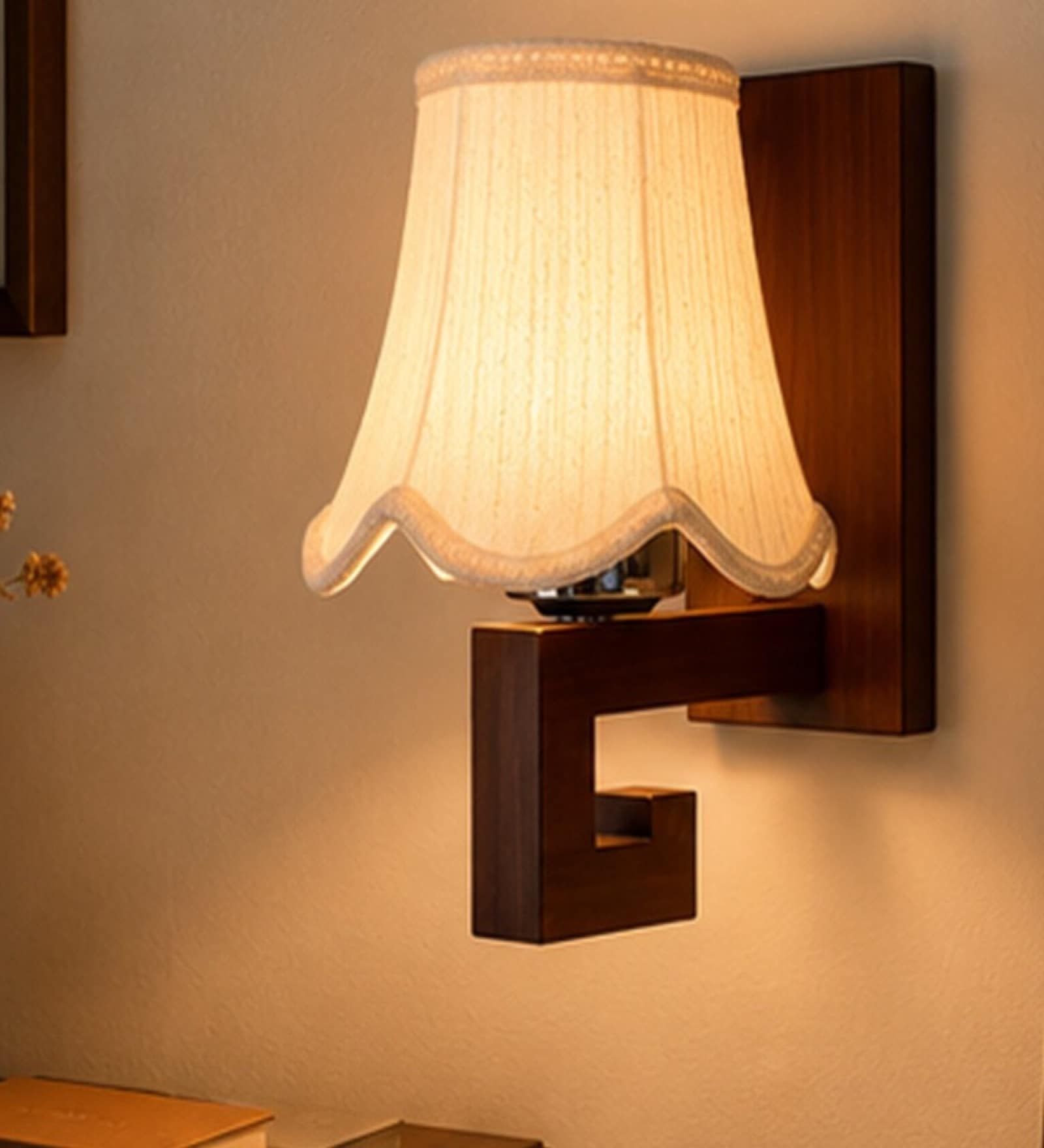 Natural Wood Decorative Wall Sconce with Off-White Cotton Shade