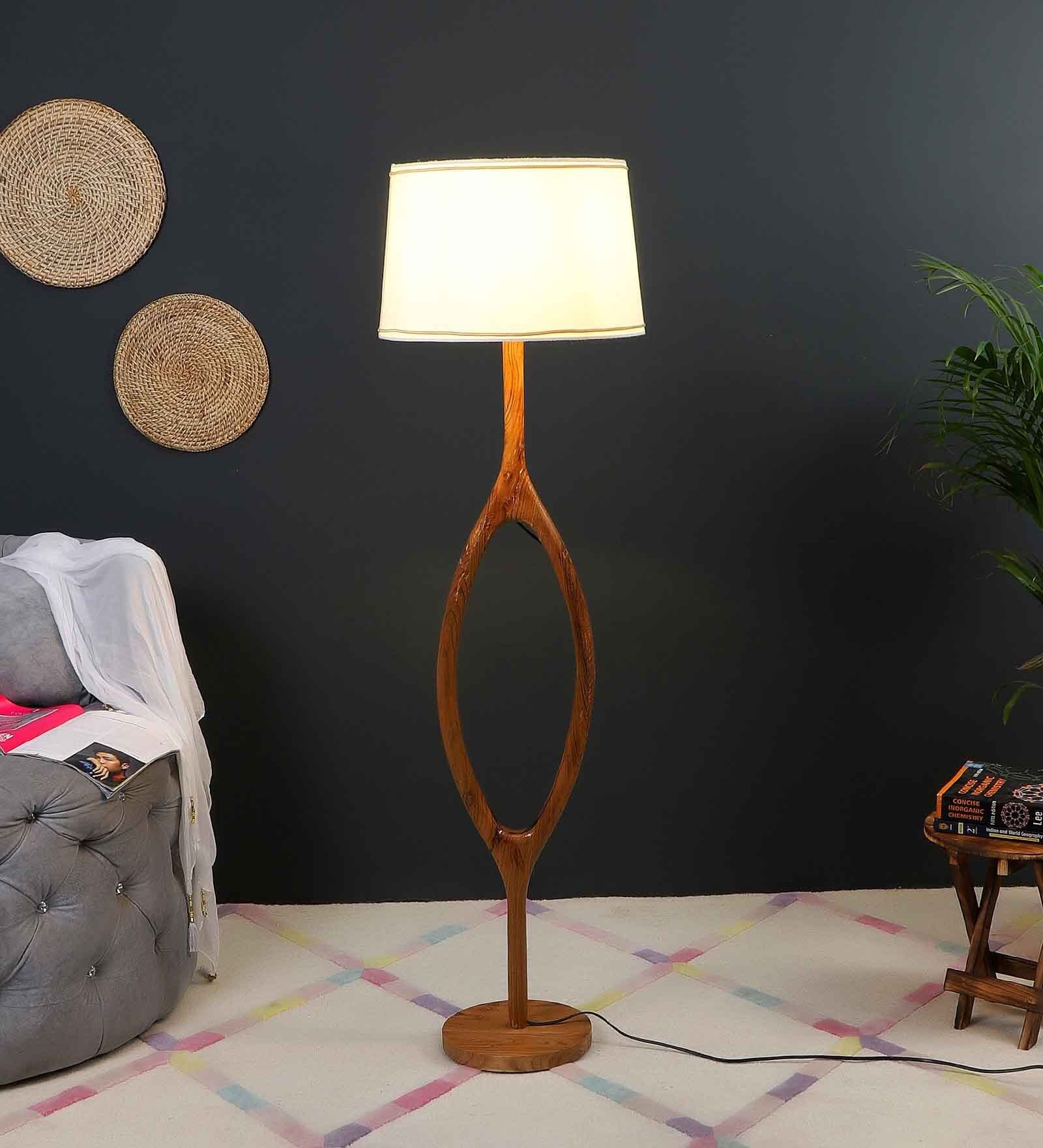 Natural Wood Floor Lamp With Shade Bulb Included E-27
