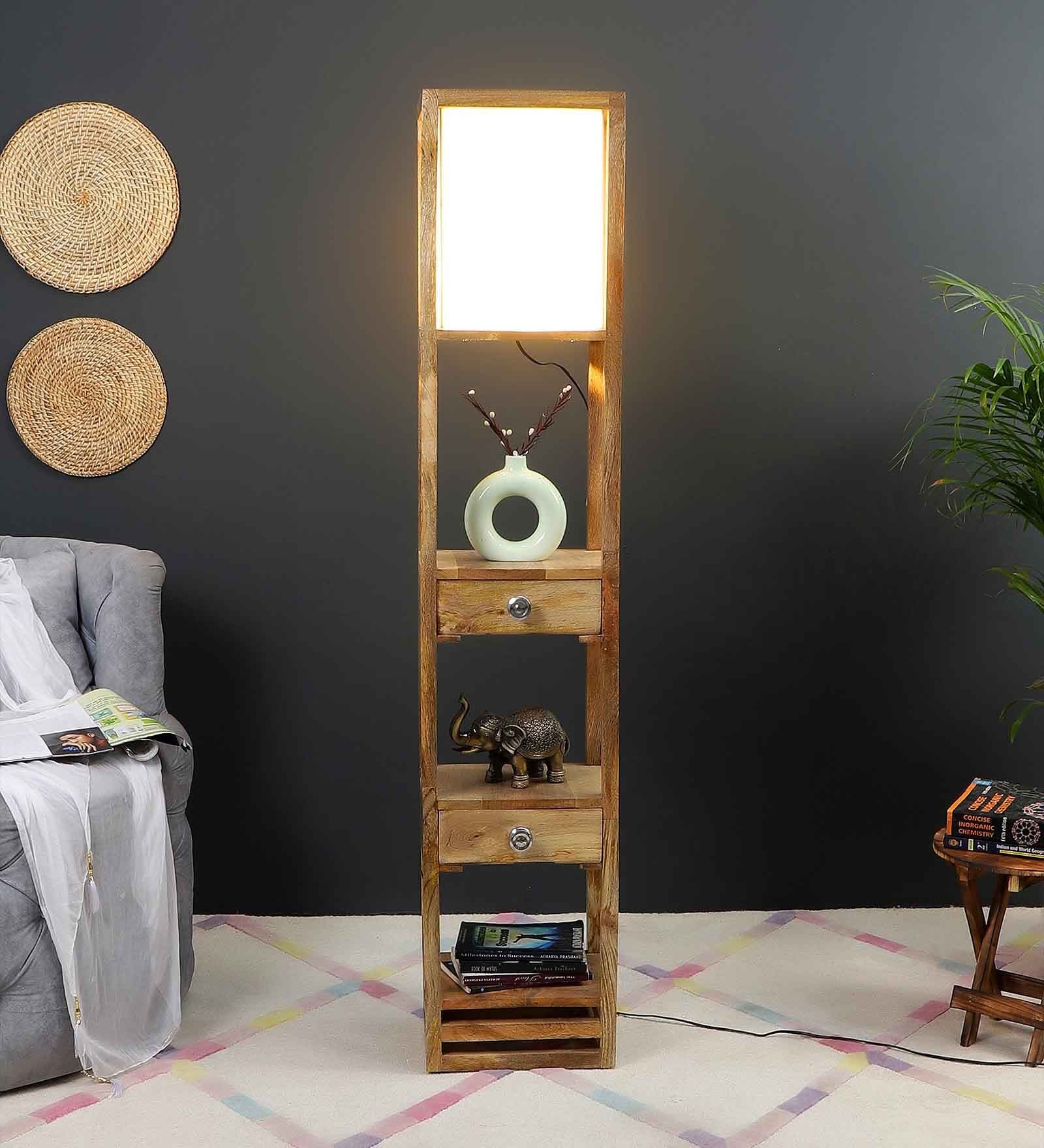 Natural Wood Floor Lamp With Shade Bulb Included E-27