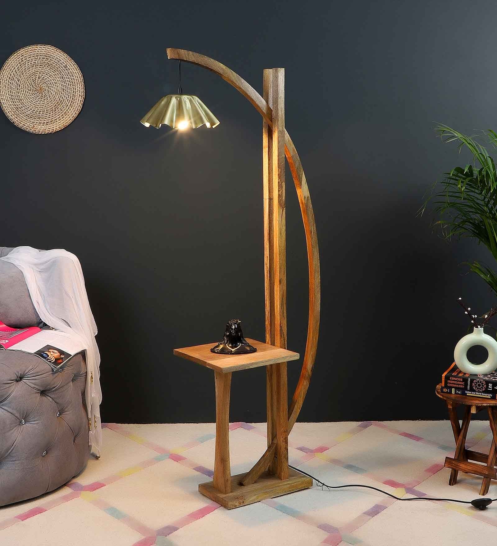 Natural Wood Floor Lamp With Shade Bulb Included E-27