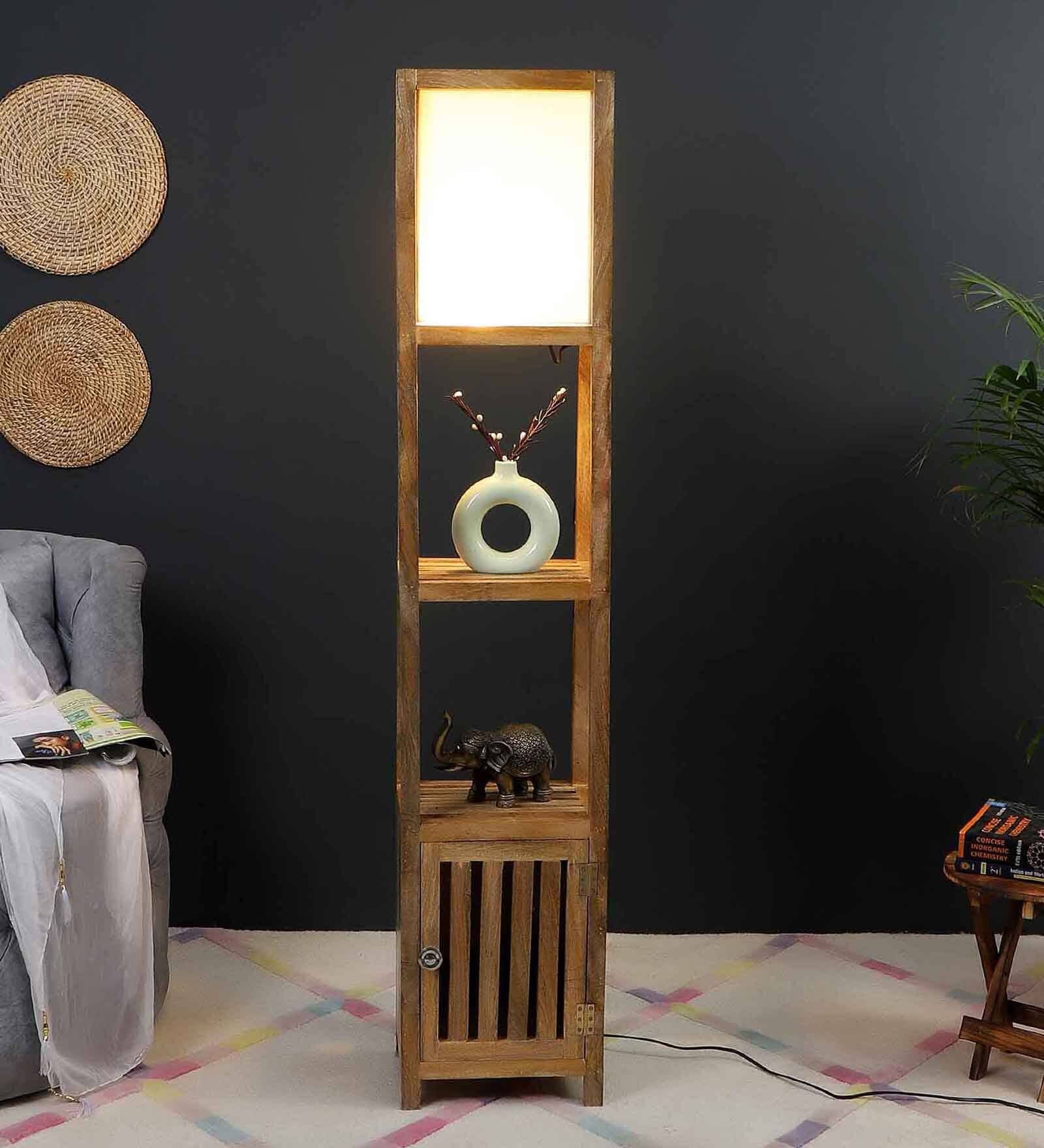 Natural Wood Floor Lamp With Shade Bulb Included E-27