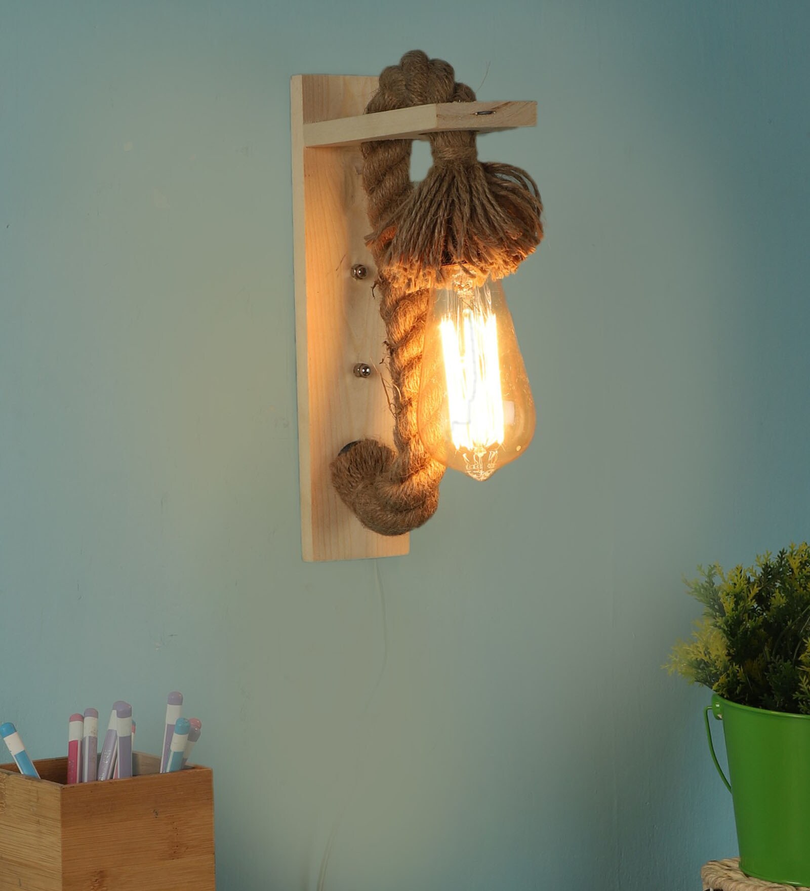 Pisa Jute & Wood Novelty Wall Light (Pine Wood Finish)