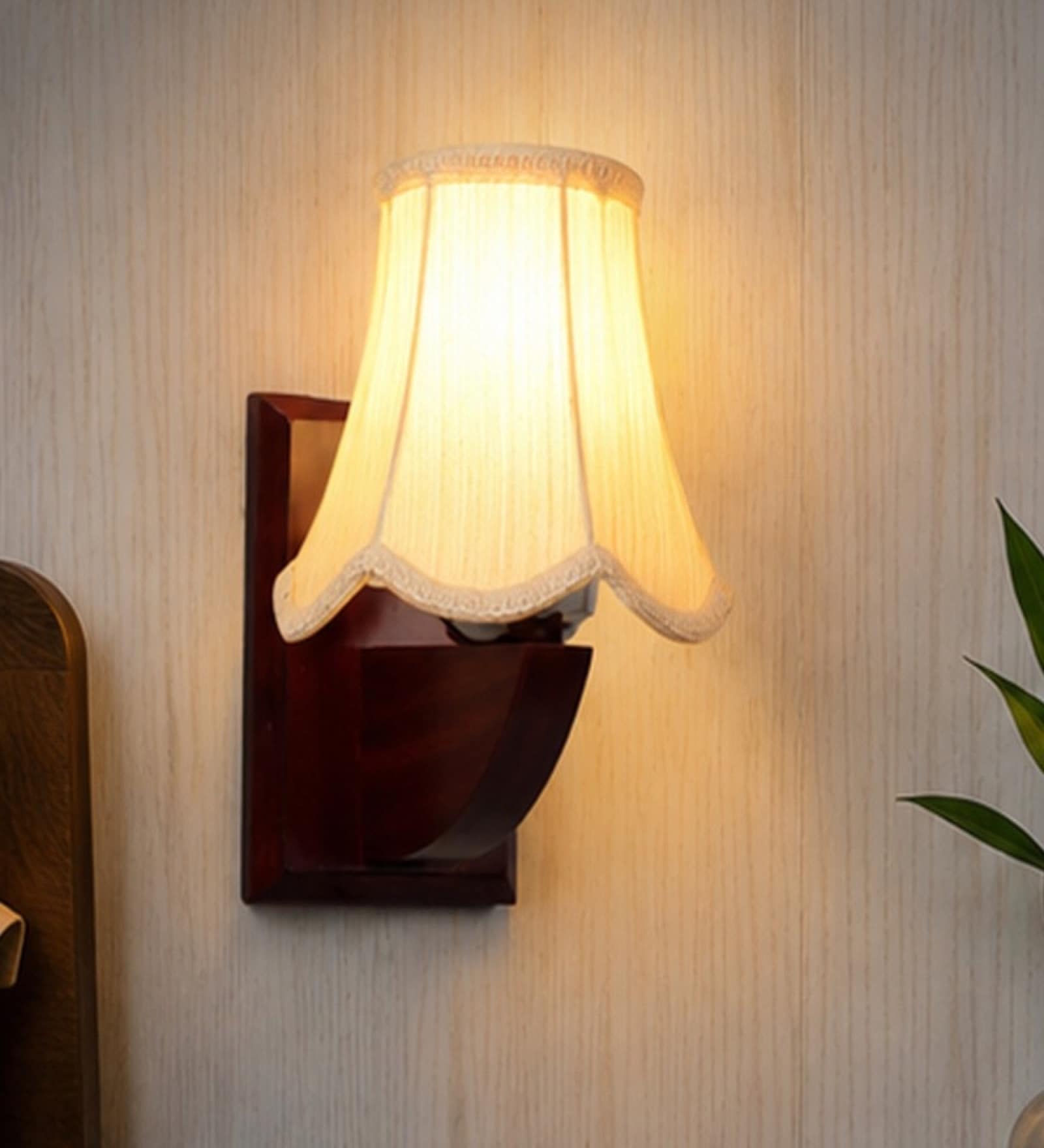 Natural Wood Wall Sconce with Off-White Cotton Shade for Indoor Decor