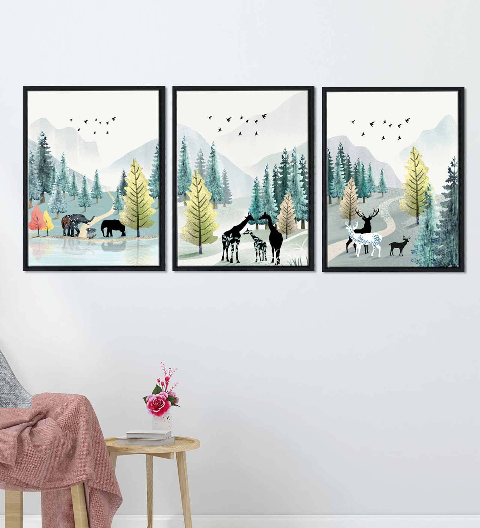 Nature Multicolour Canvas Framed Wildlife Art Panels Set of 3
