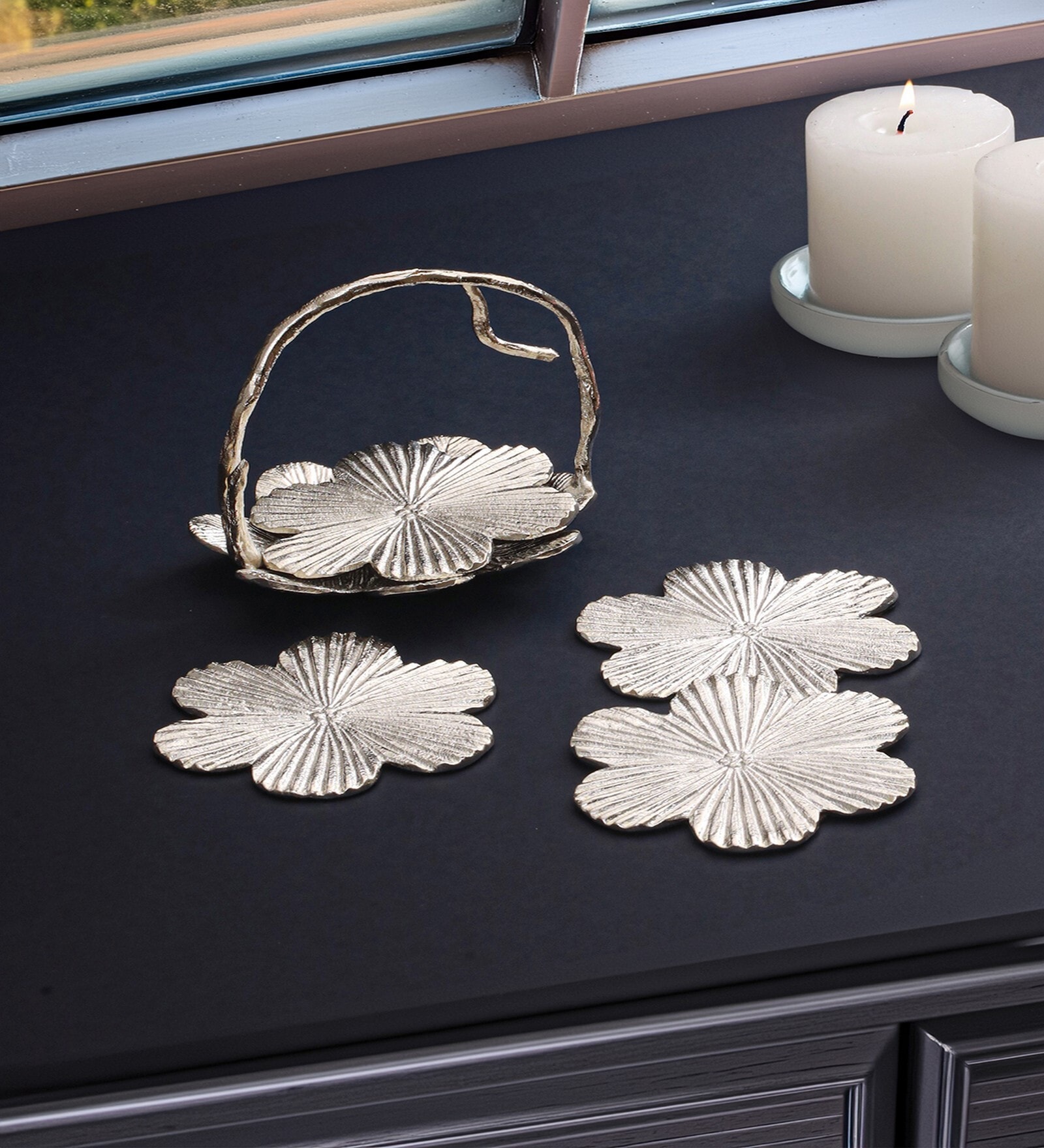 Bloom Coasters With Stand-Silver (Pack Of 4)