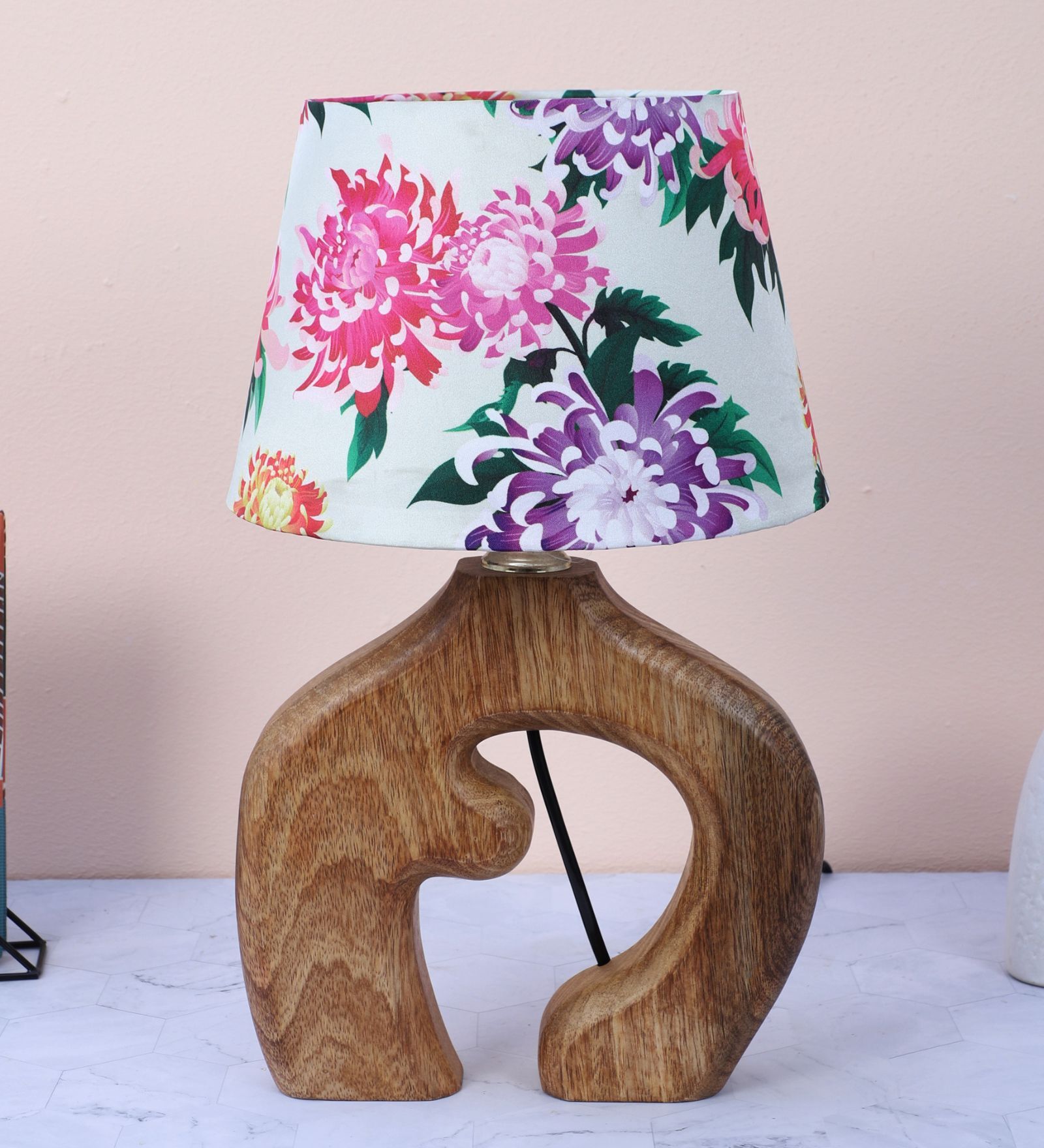 Natures Beauty Mangowood Table Lamp With Carnation Print Satin Shade