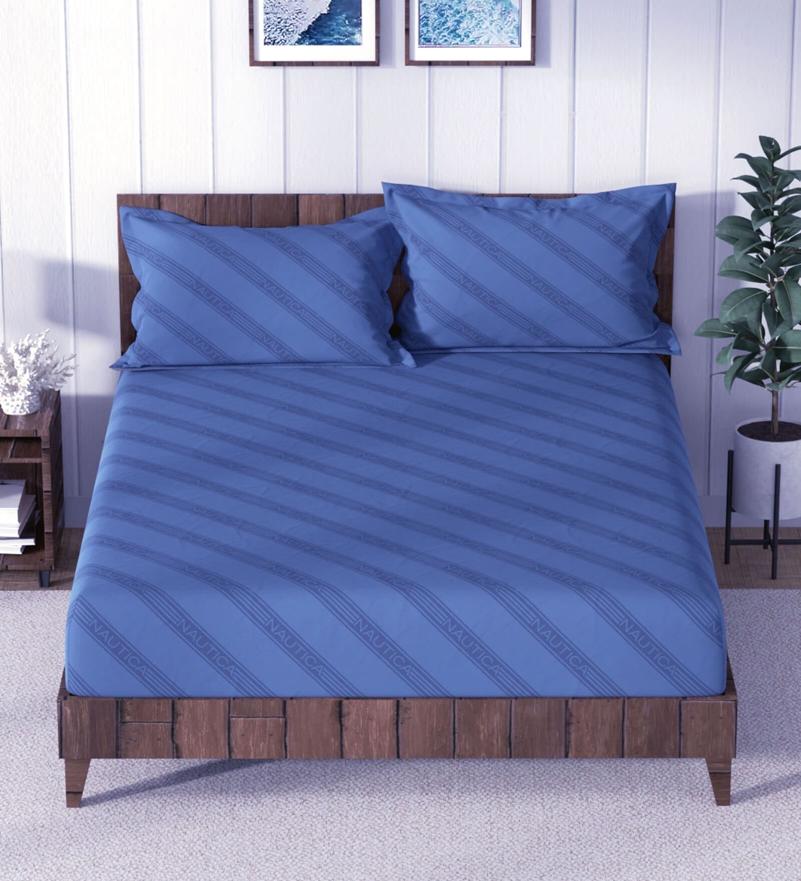 Navy Blue 100% Cotton Solid Super King Size Bedsheet With 2 Pillow Covers