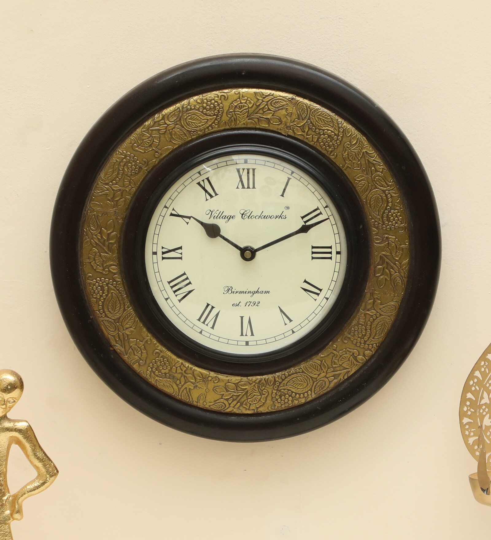 Navish Heritage Wooden Polished and Brass Metal Fit Wall Clock with Dial