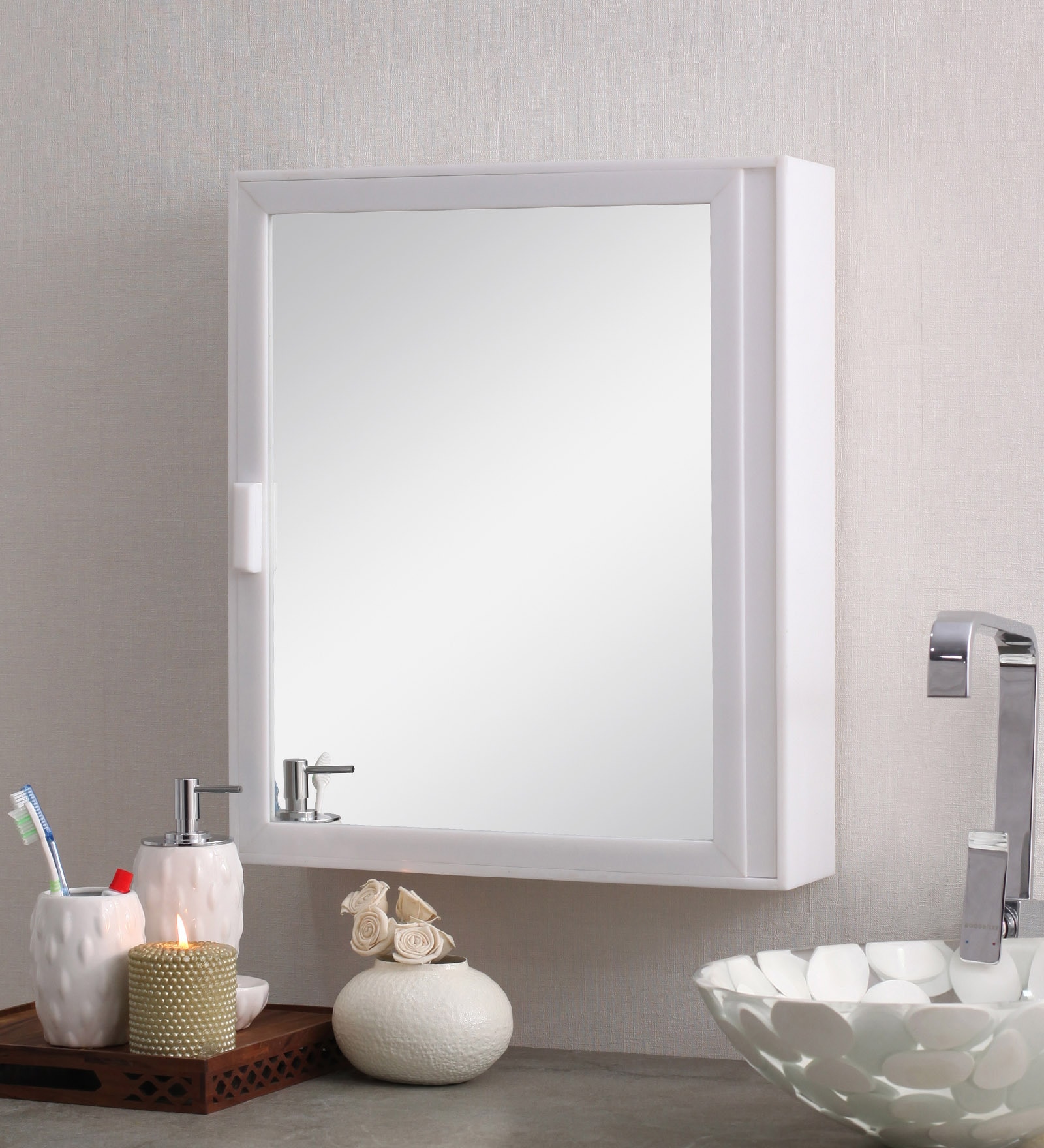 Acrylic White 6 Compartment Bathroom Cabinet With Mirror (L: 18, W: 4, H: 21 Inches)