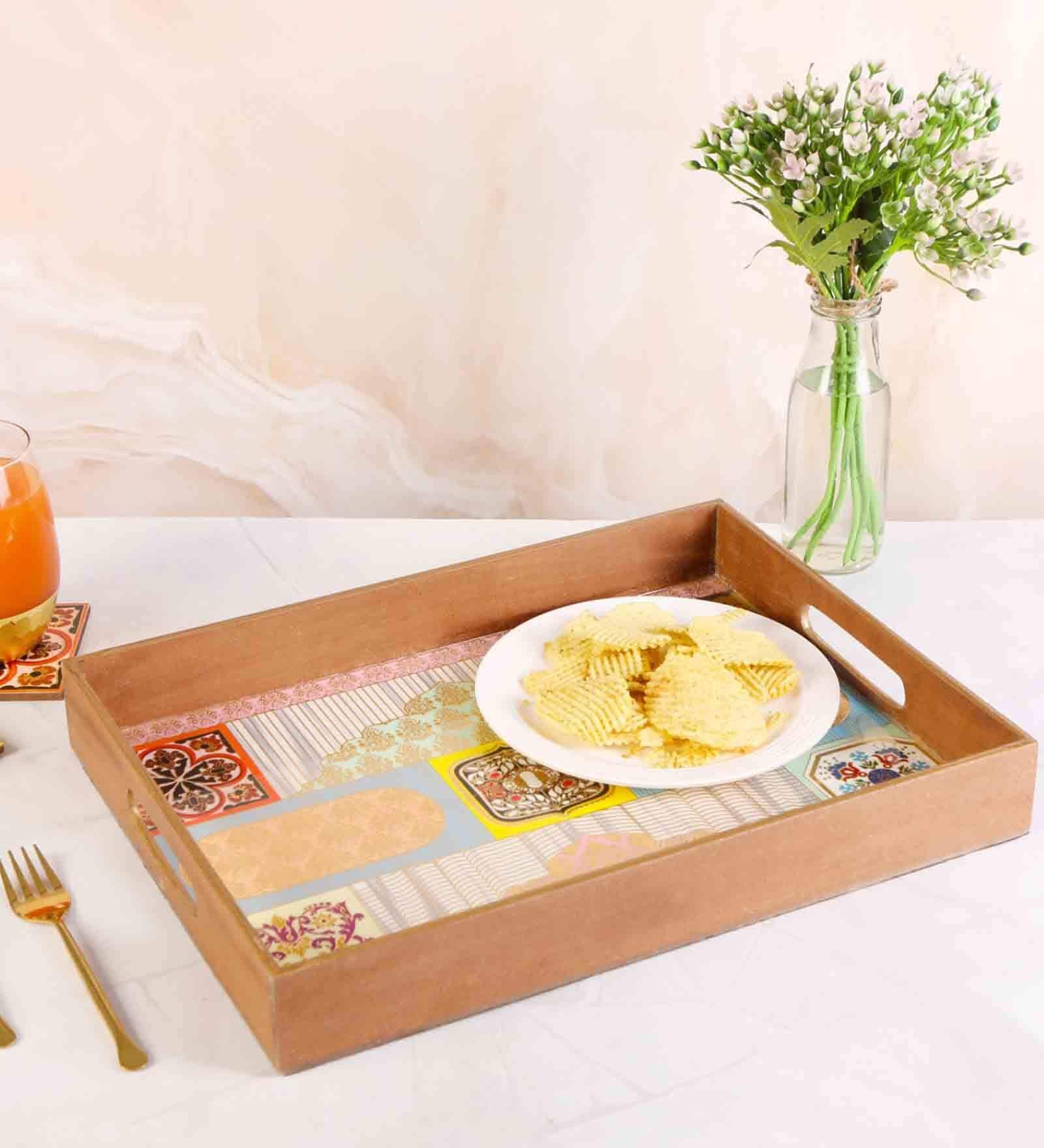 Navratna Multicolour & Gold MDF Wood Rectangle Serving Trays