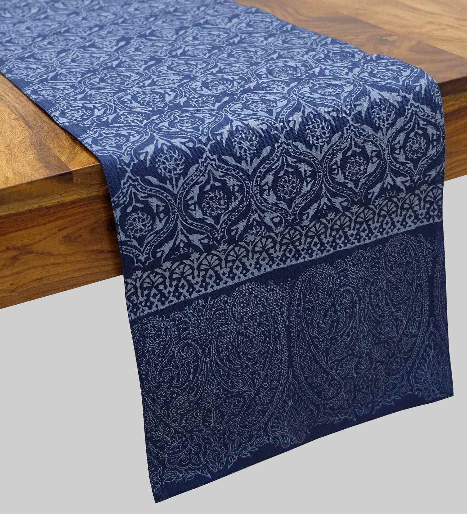 Navy & Grey (70 x13 ) Moroccan Hand Block Cotton  Table Runner