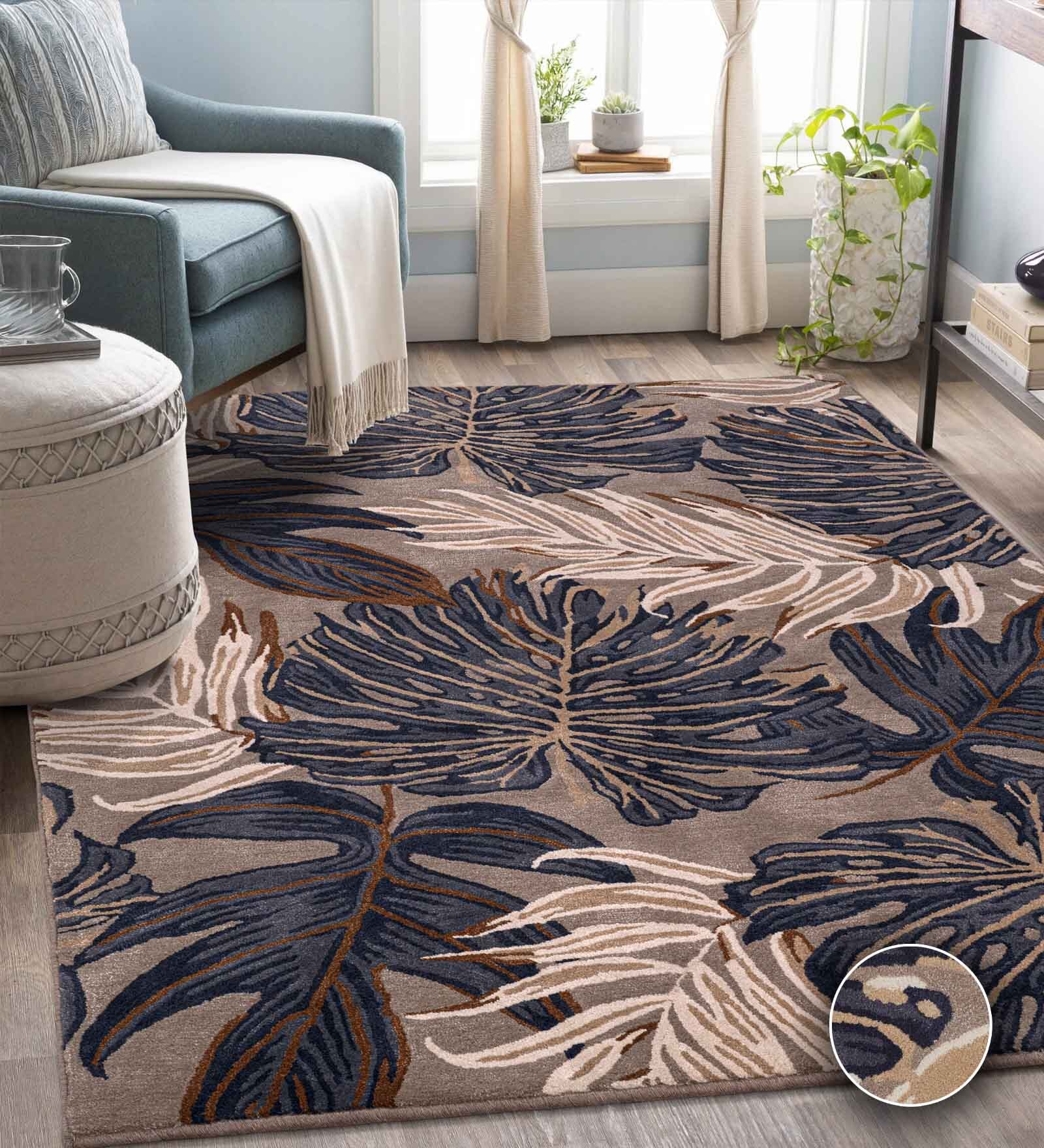 Navy Blue Floral Wool Blend 5' X 7' Hand Tufted Carpet