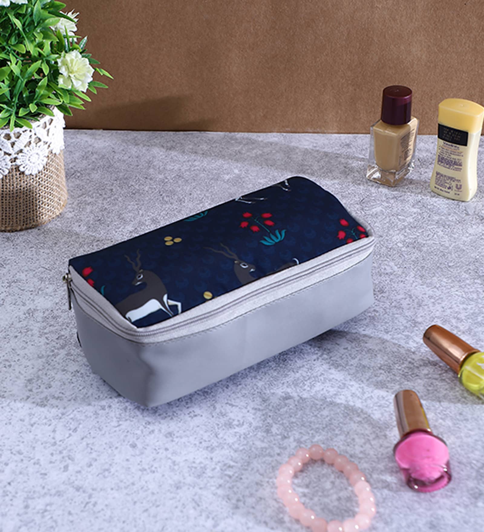 Navy Blue & Grey Deer Printed Make Up Pouch