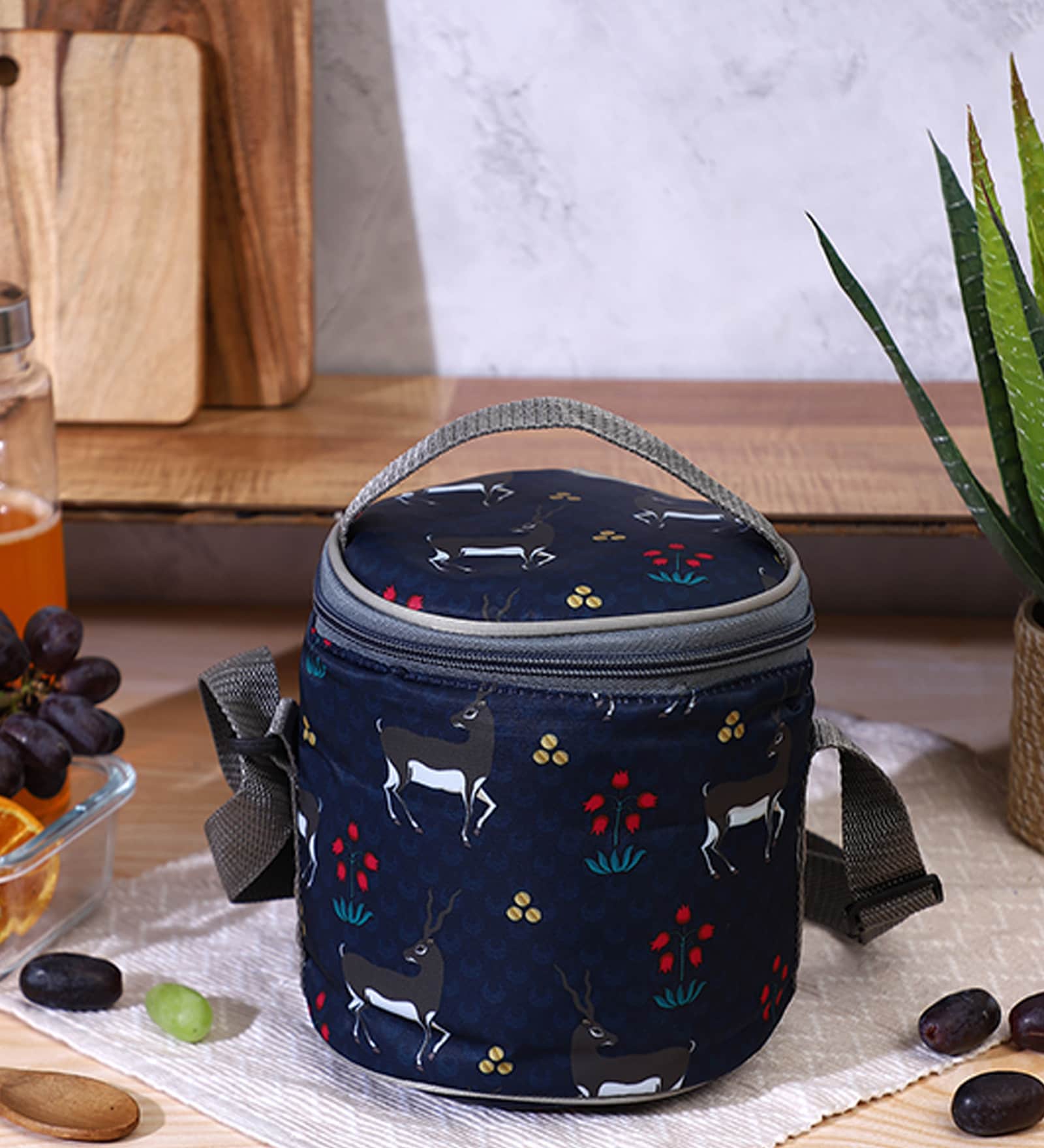 Navy Blue & Grey Deer Printed Round Insulated Lunch Bag