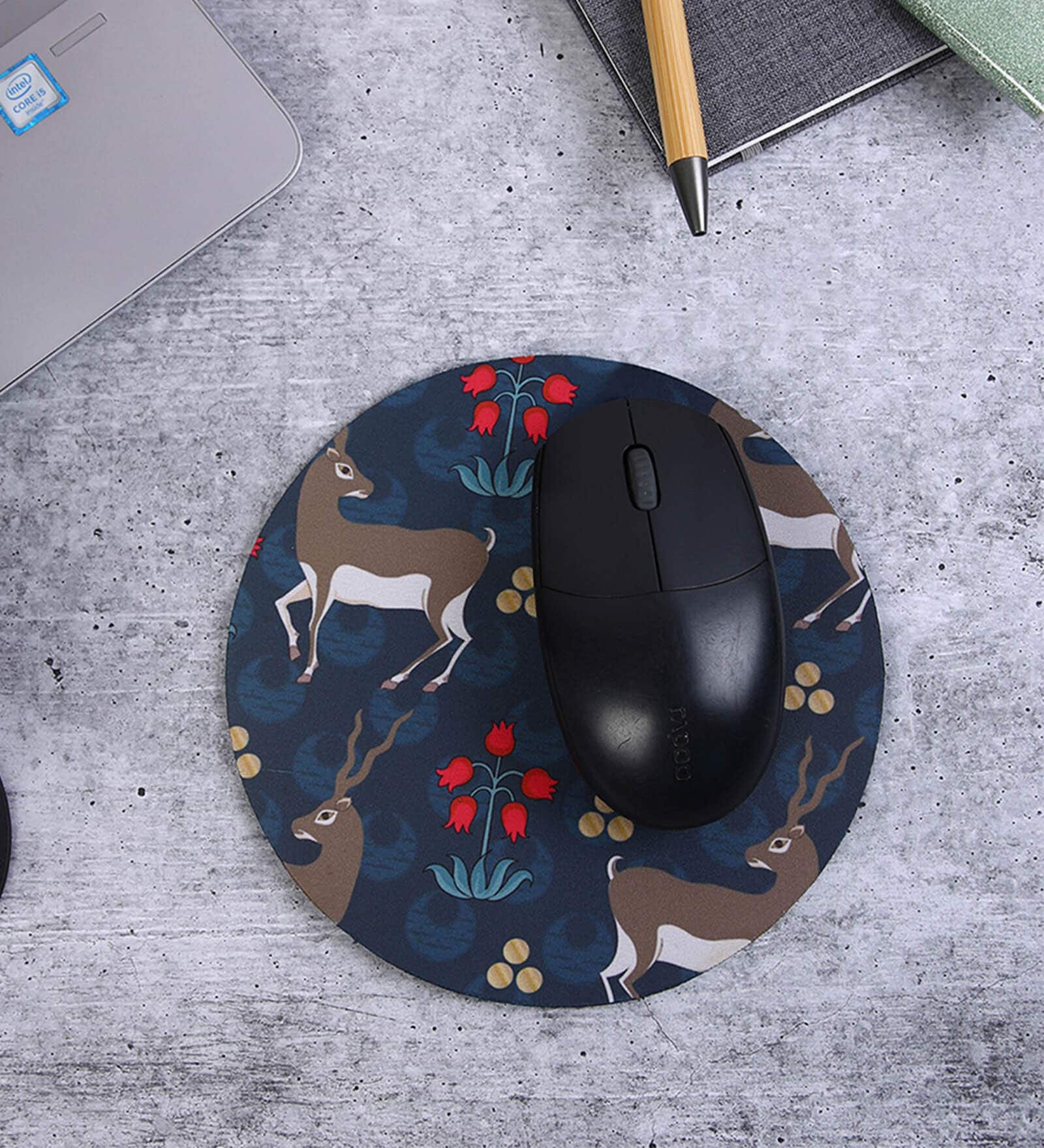 Navy Blue & Grey Deer Printed Round Mousepad