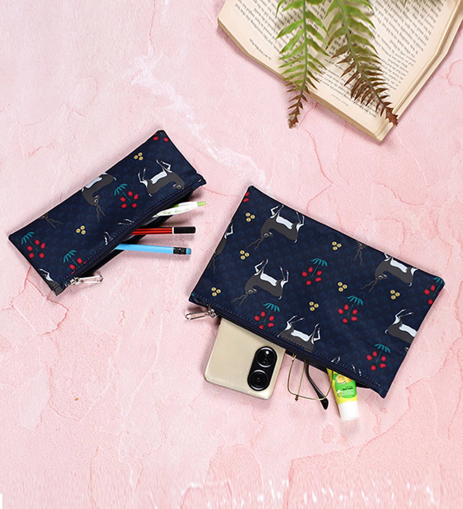 Navy Blue & Grey Deer Printed Utility Pouches Set of 2