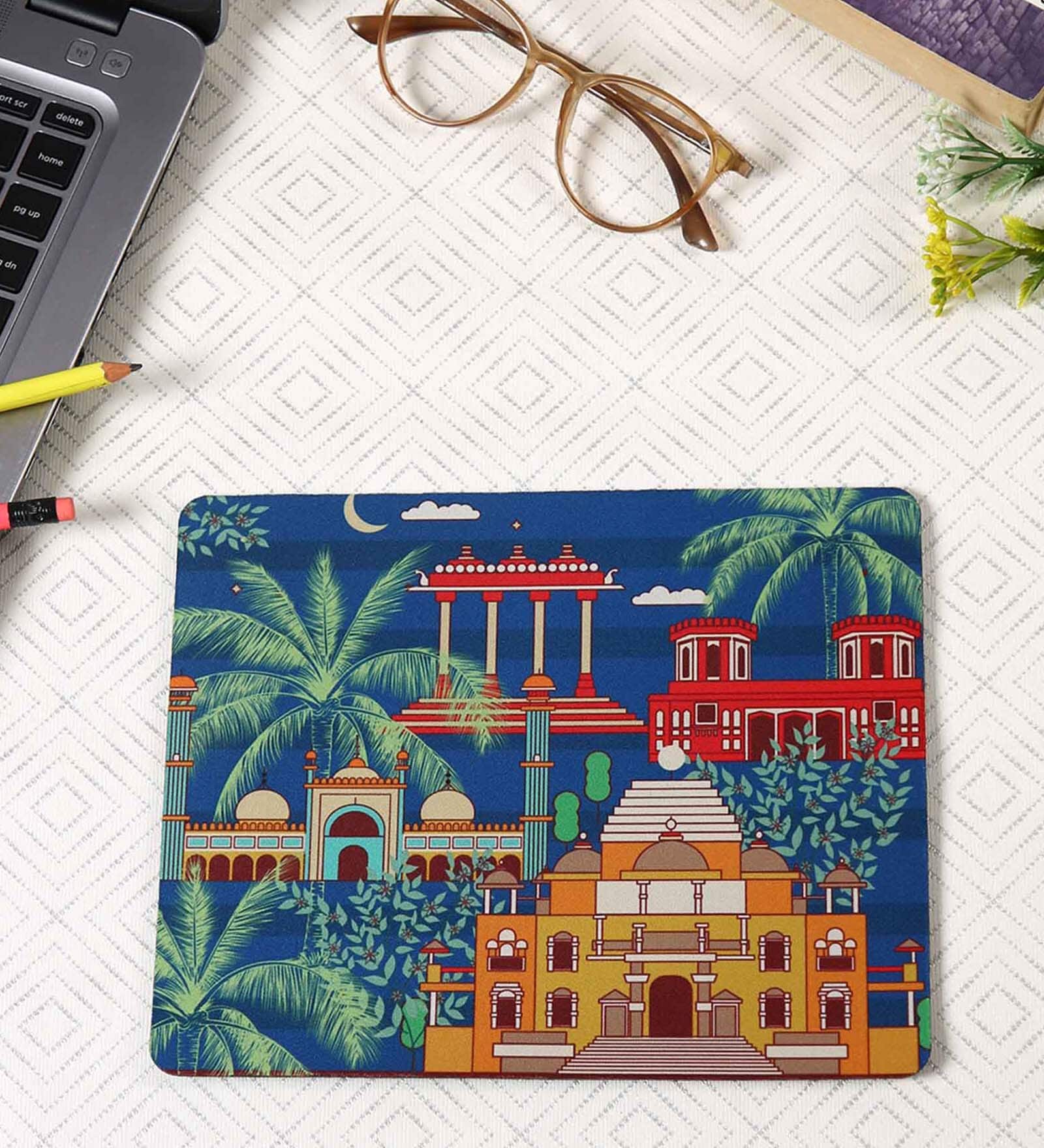 Navy Blue & House Printed Rectangle Mousepad