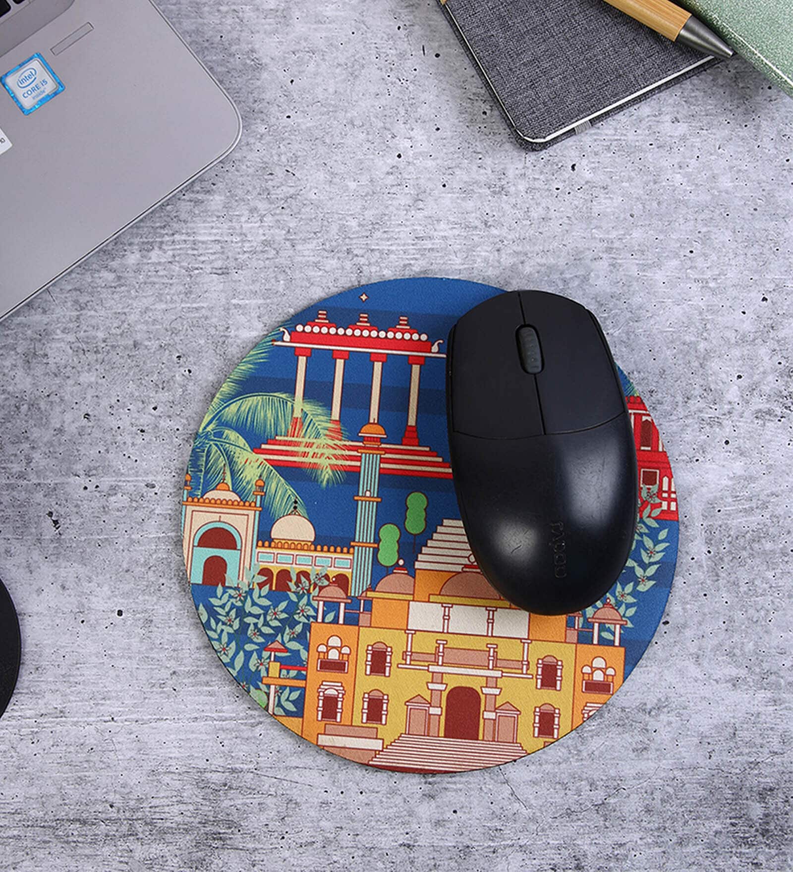 Navy Blue & House Printed Round Mousepad