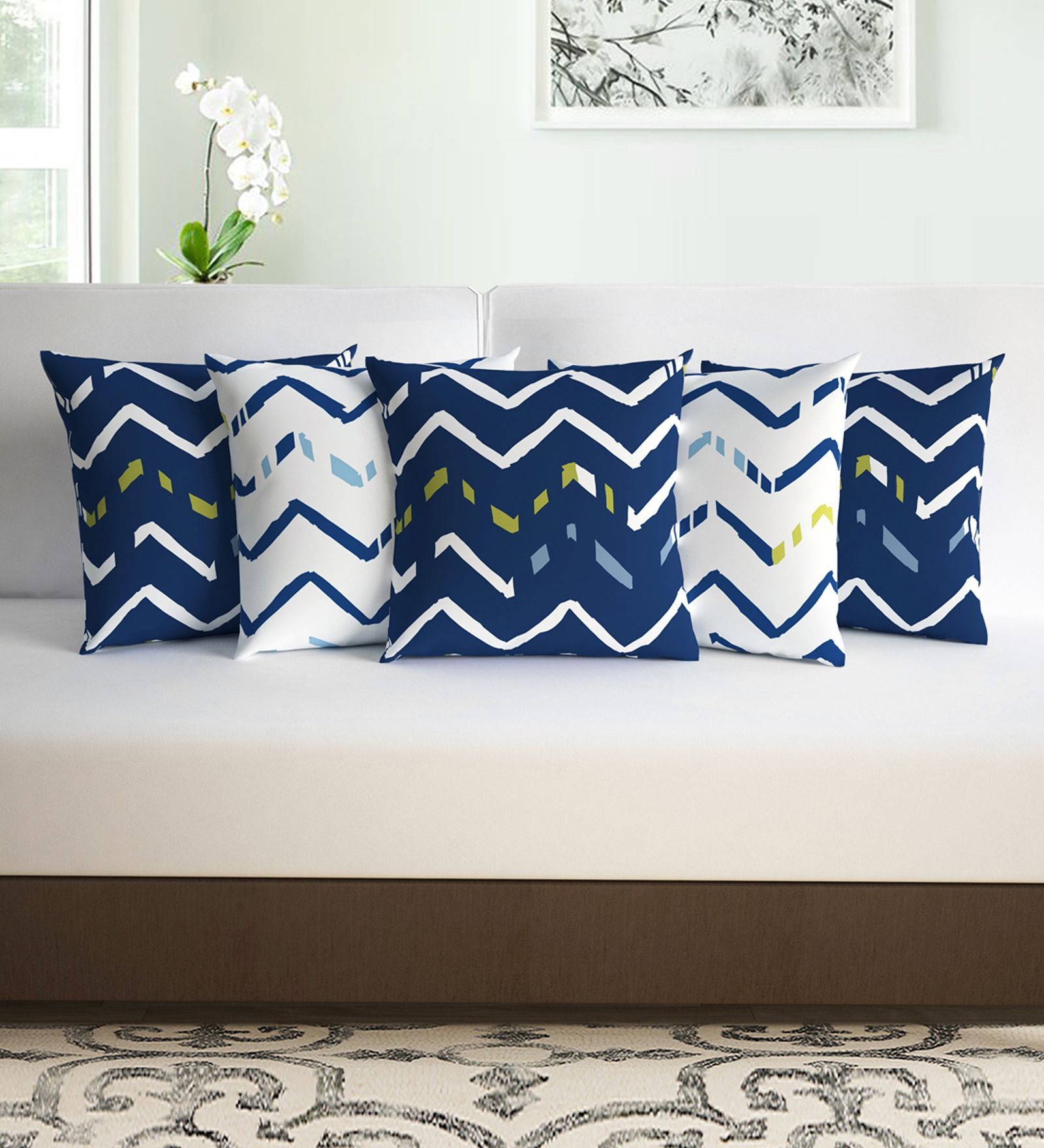 Navy Blue & White Microfiber Abstract 16X16 Inches Cushion Covers Set Of 5