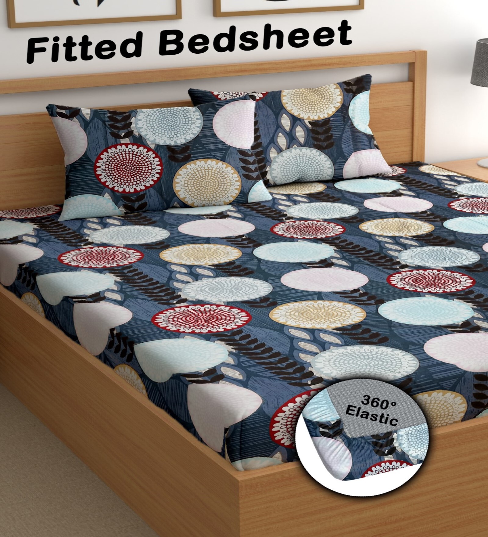 Navy Blue 180 TC Floral Cotton Fitted Double Bedsheet 2 Pillow covers
