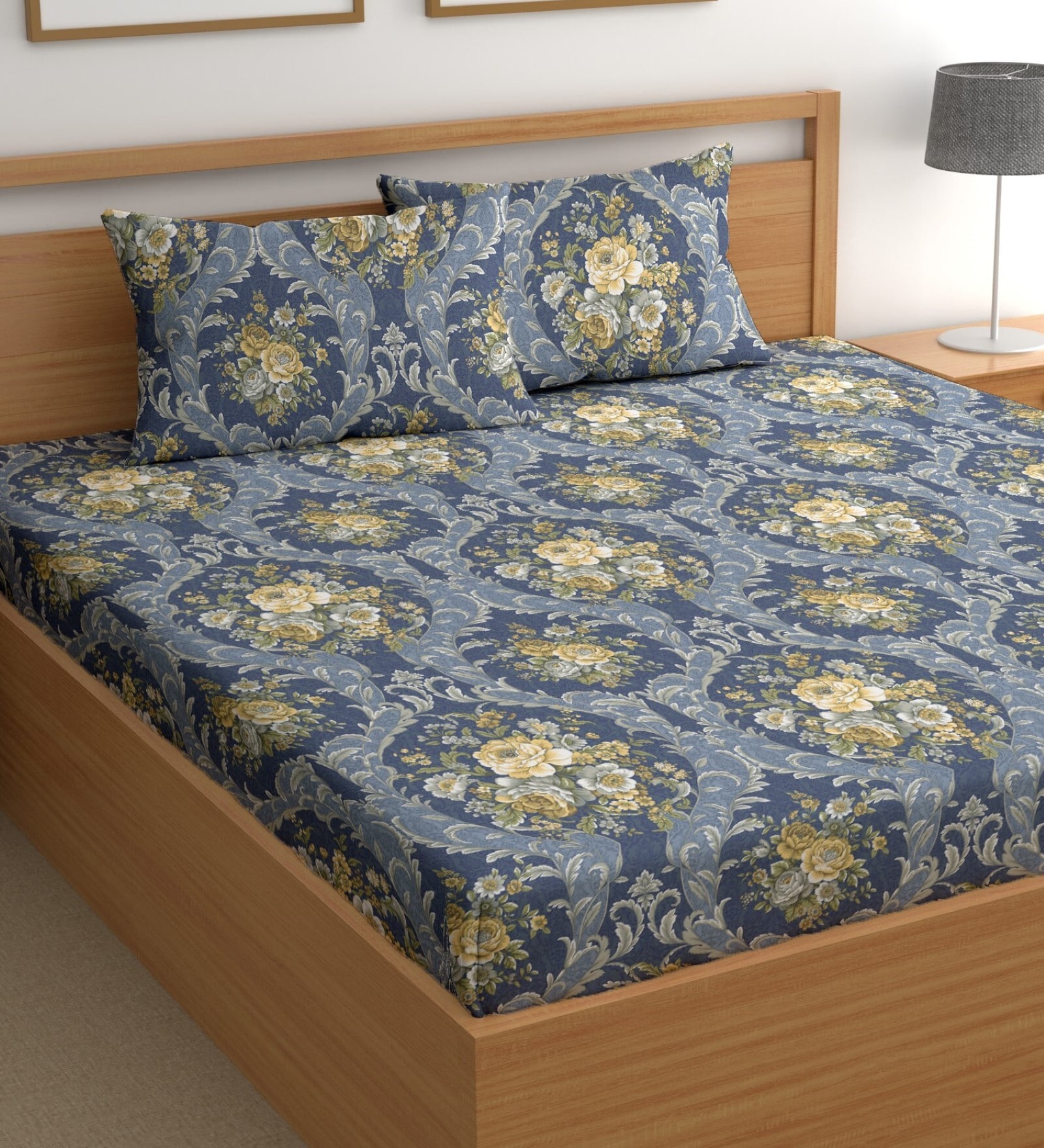 Navy Blue 200 TC Floral Cotton Queen Double Bedsheet 2 Pillow covers