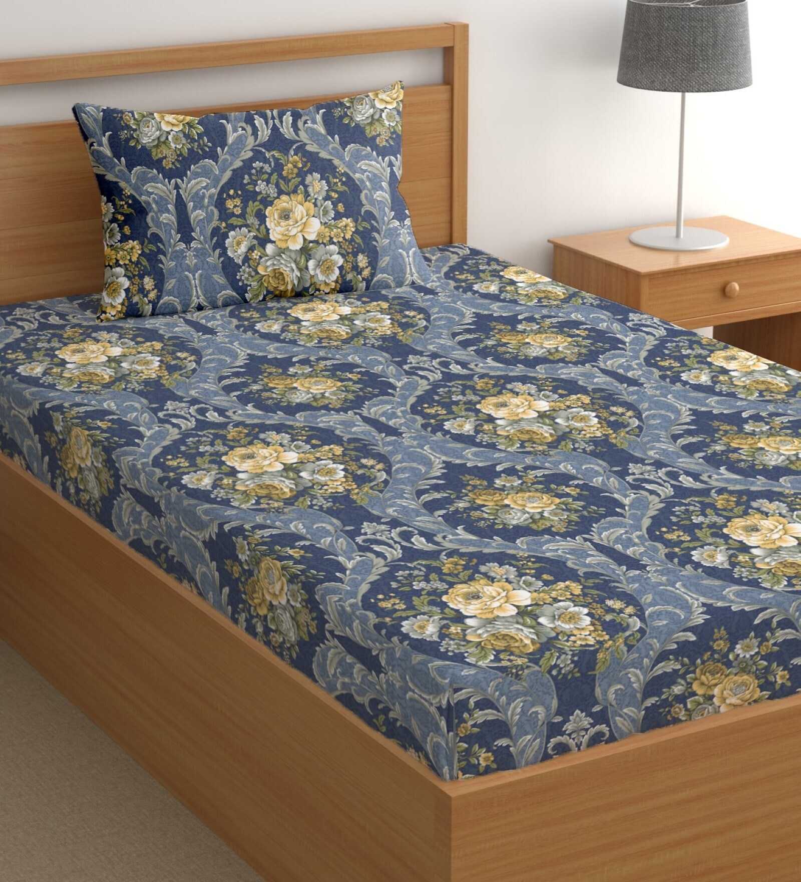 Navy Blue 200 TC Abstract Cotton Single Bedsheet Pillow covers