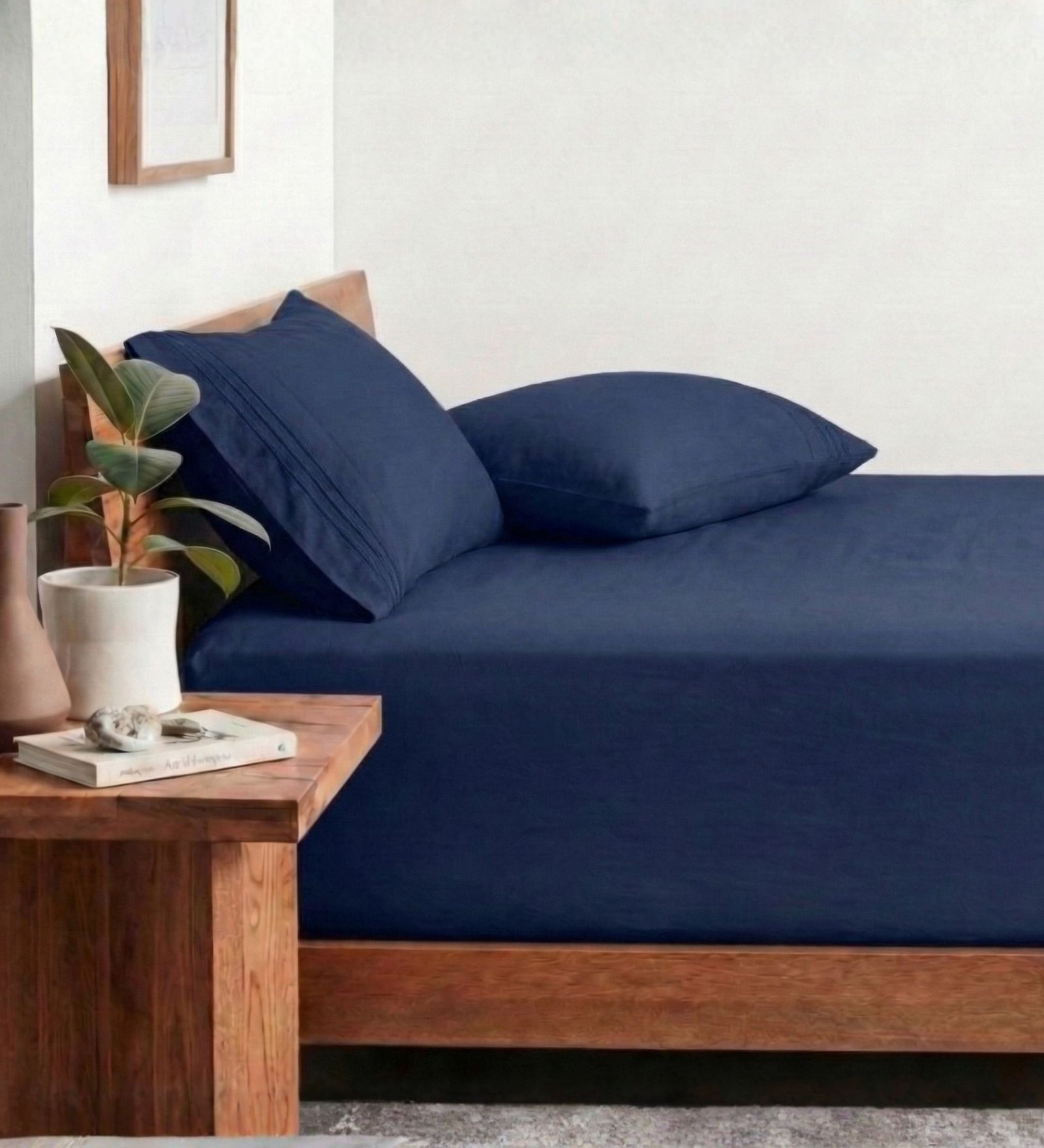 Navy Blue 210 TC Cotton King Size Bedsheet with 2 Embroidered Pillow Covers