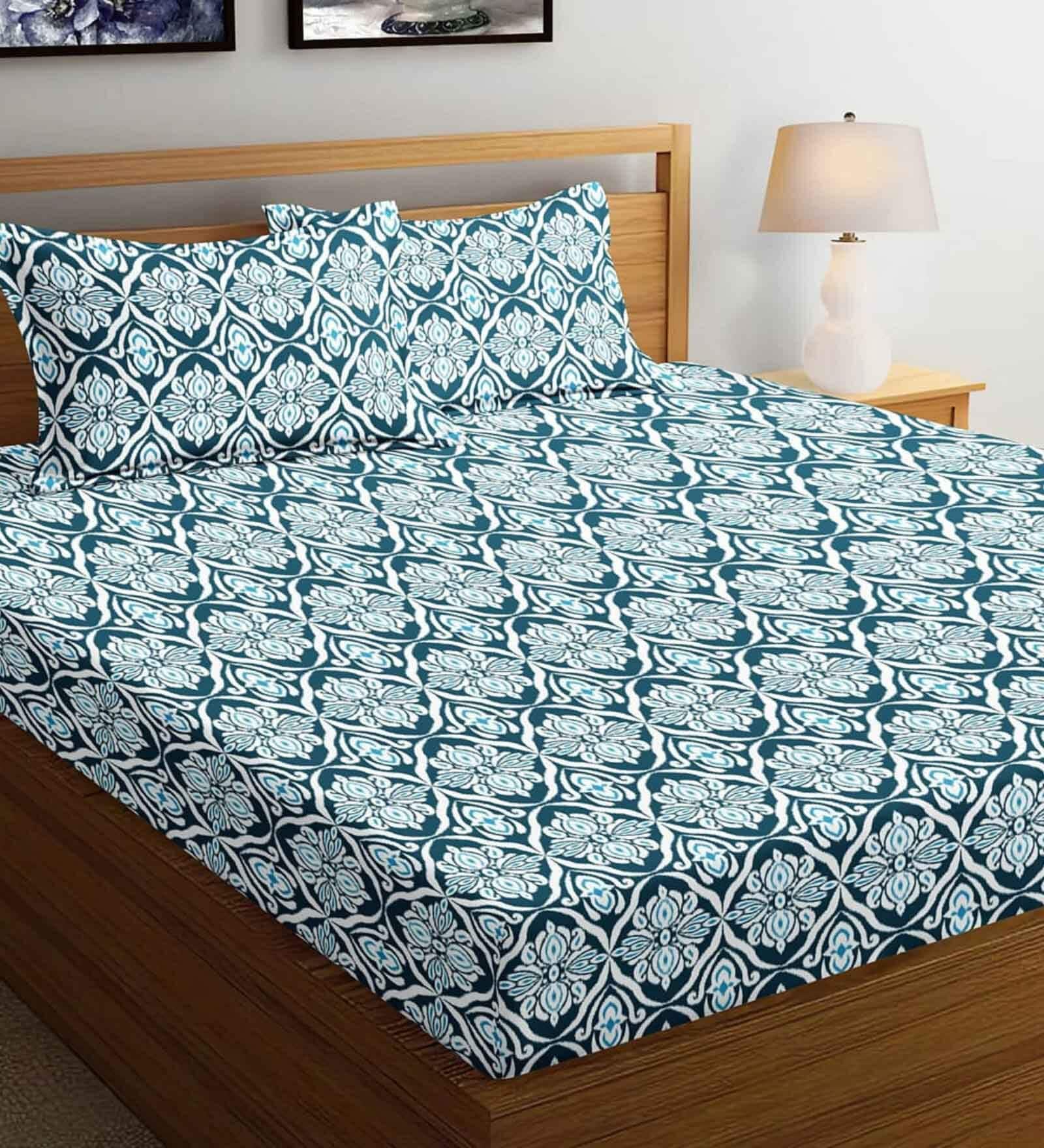 Navy Blue Abstract 144 TC 100% Cotton Fitted Bedsheet & 2 Pillow Covers