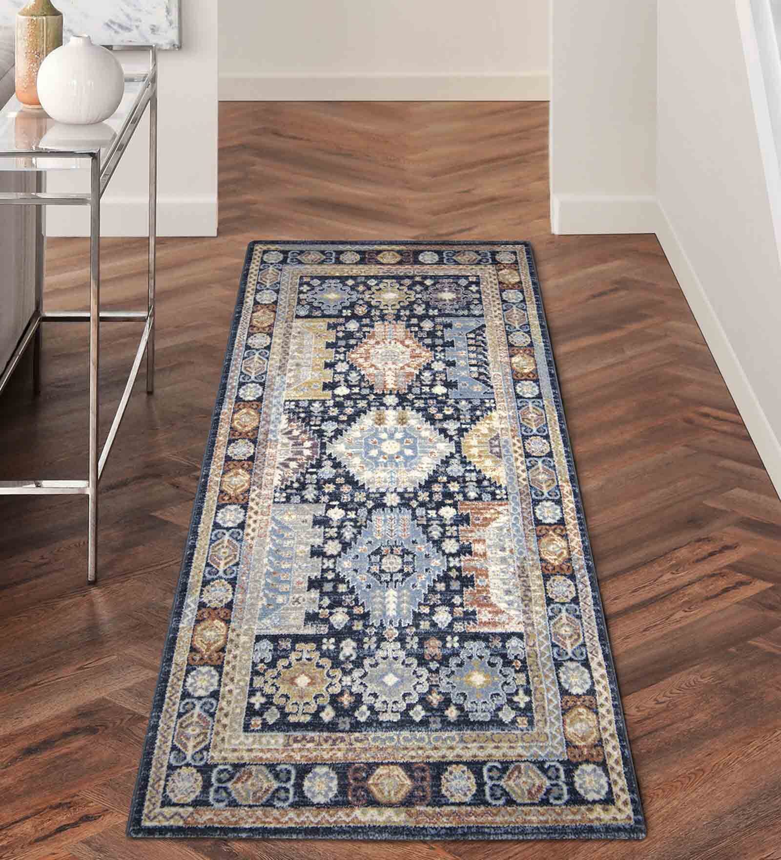 Navy Blue Abstract Polyester 59x24 Inches Machine Made Floor Runner