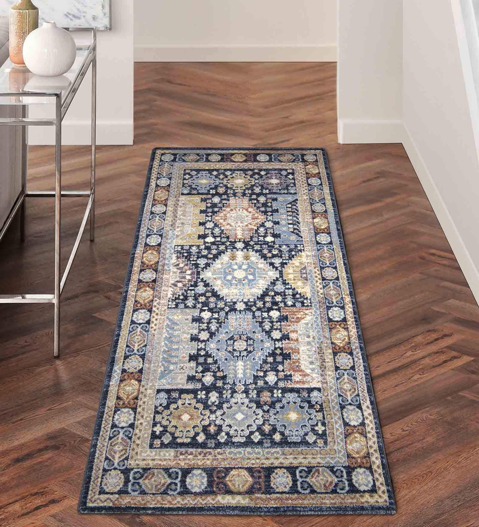Navy Blue Abstract Polyester 59x32 Inches Machine Made Floor Runner