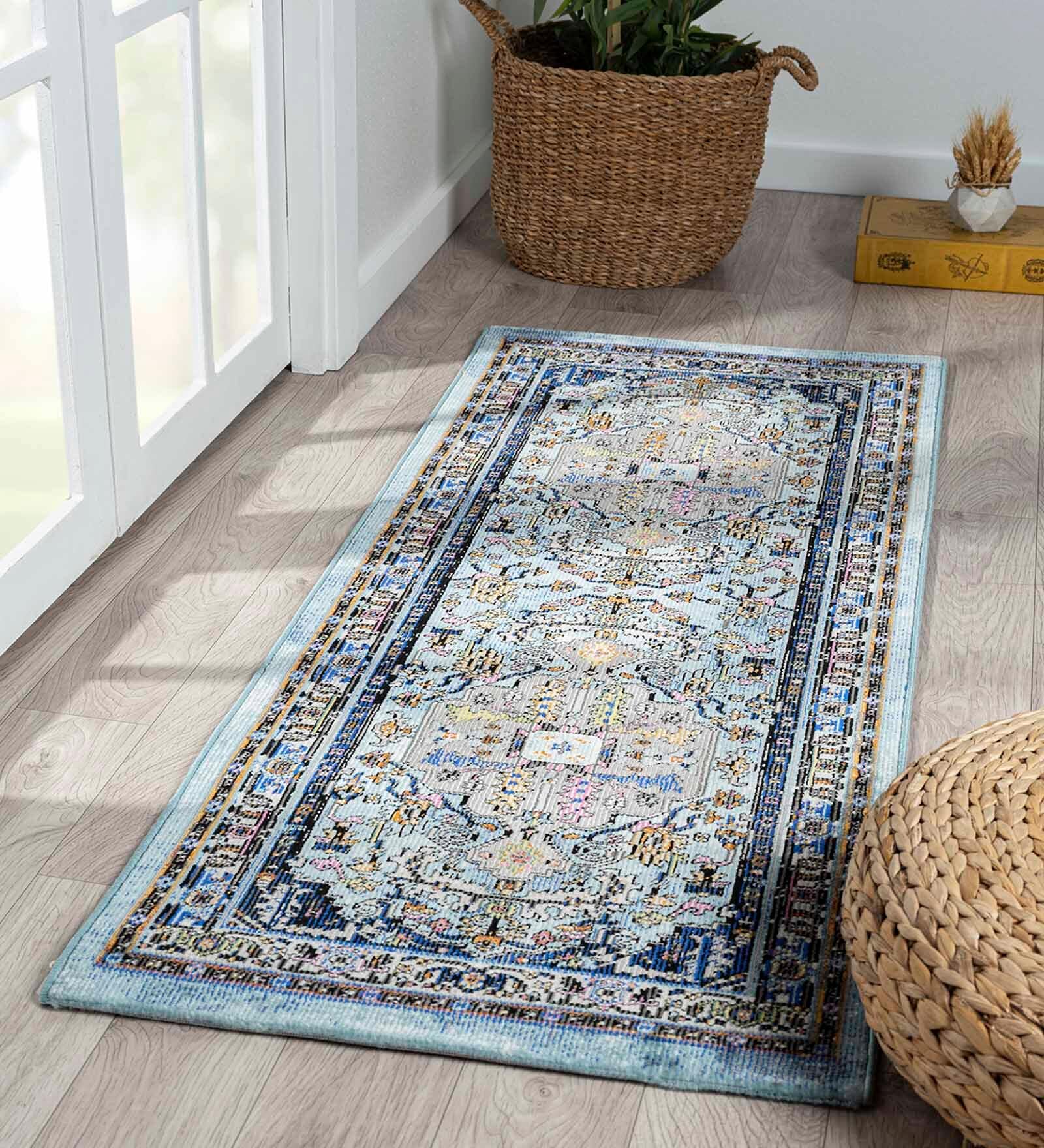 Navy Blue Abstract Polypropylene 59x24 Inches Machine Made Floor Runner