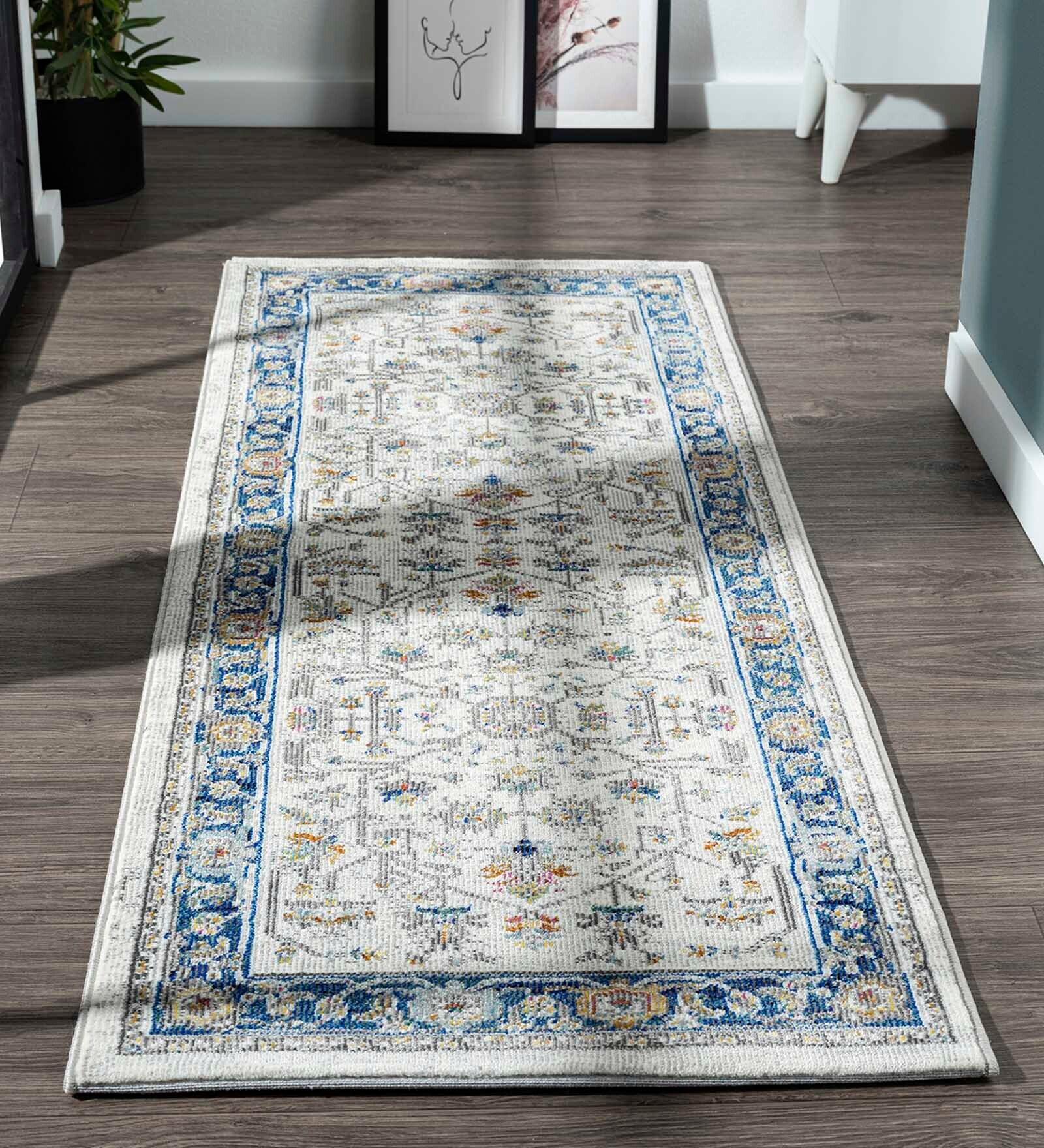 Navy Blue Abstract Polypropylene 59x32 Inches Machine Made Floor Runner