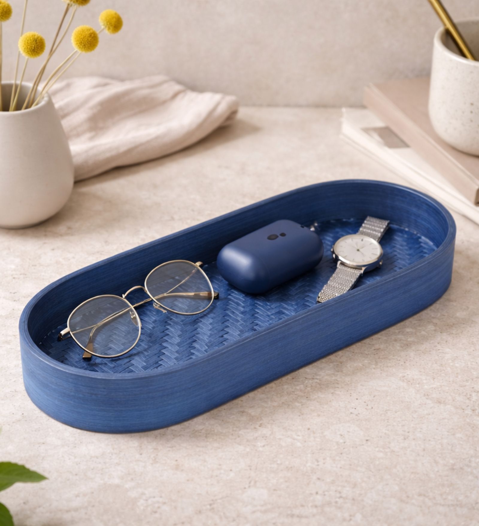Navy Blue Bamboo Oval Organizer