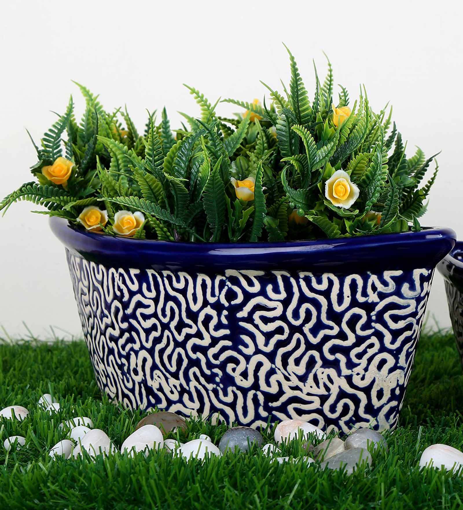 Navy Blue Ceramic Boat Shape with RD Print Big Size Planter