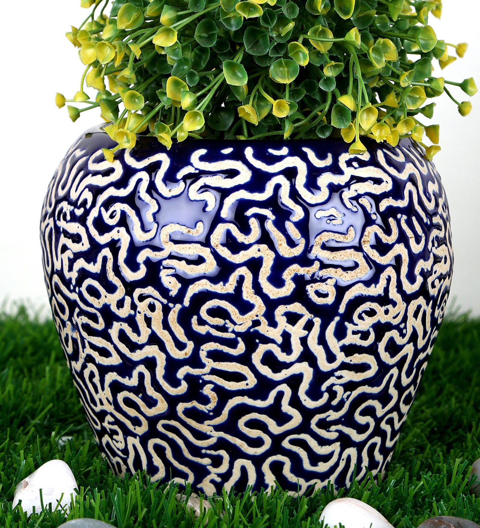 Buy Navy Blue Ceramic Kulhar Shape with RD Print Small Planter by