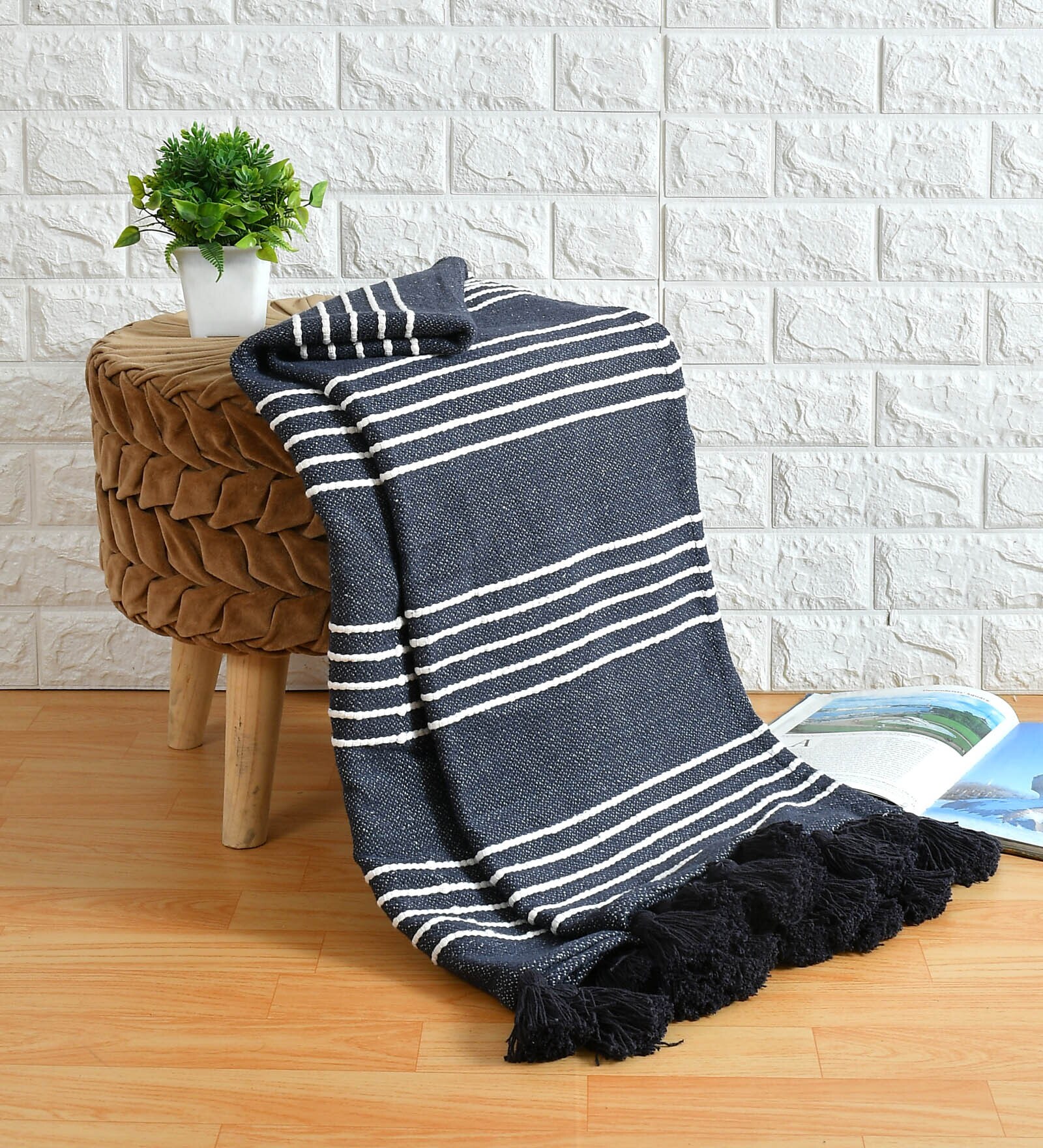 Navy Blue Striped Cotton 70x50 Inches Sofa Throw