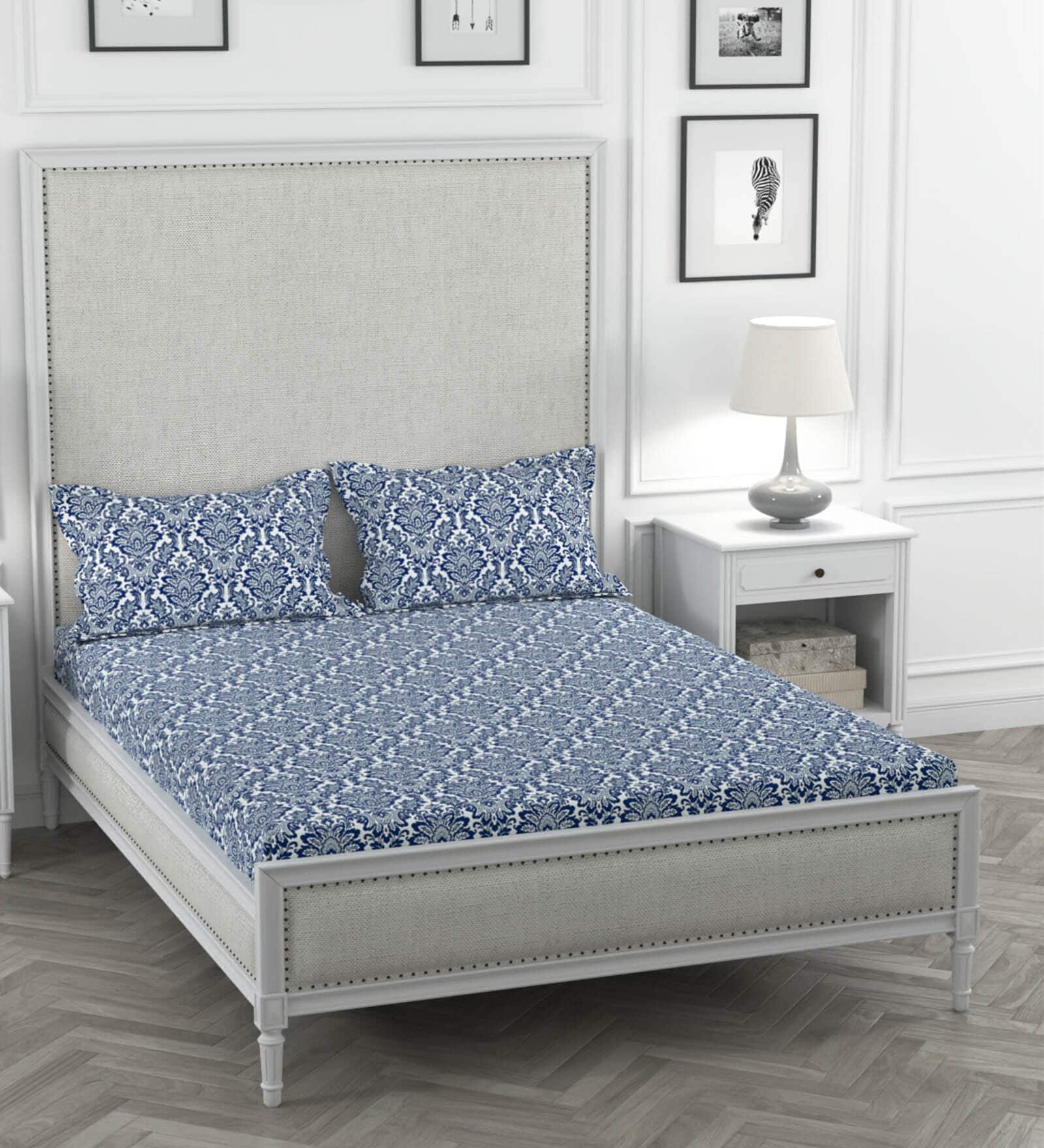 Navy Blue Floral 200 TC 100% Cotton King Sized Bedsheet With 2  Pillow Covers Solana Collection
