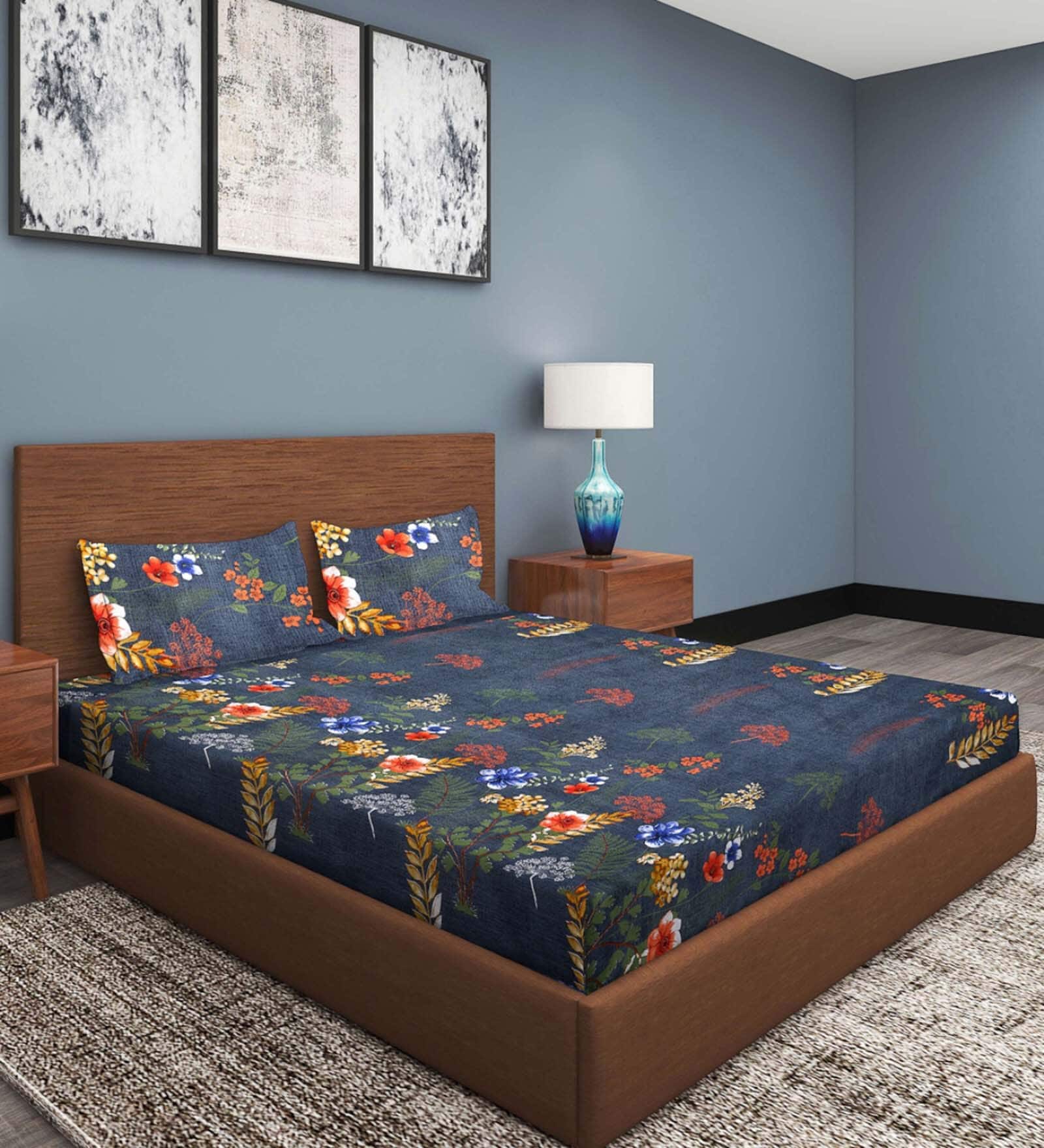 Blue Floral 186 TC Cotton Double Sized Bedsheet With 2 Pillow Covers