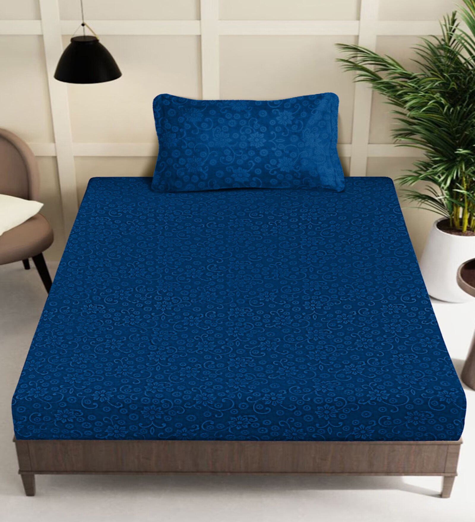 Buy Navy Blue Floral 300 TC Woollen Woollen Single Bedsheet with Pillow