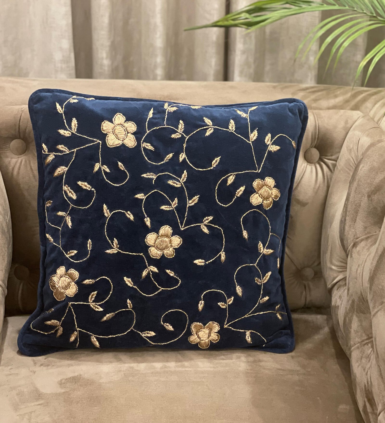 Navy Blue Woven Velvet & Cotton 16 x 16 Inches Cushion Cover