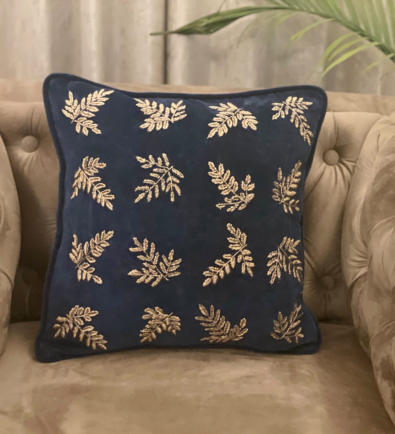 Navy Blue Woven Velvet and Cotton 16 x 16 Inches Cushion Cover