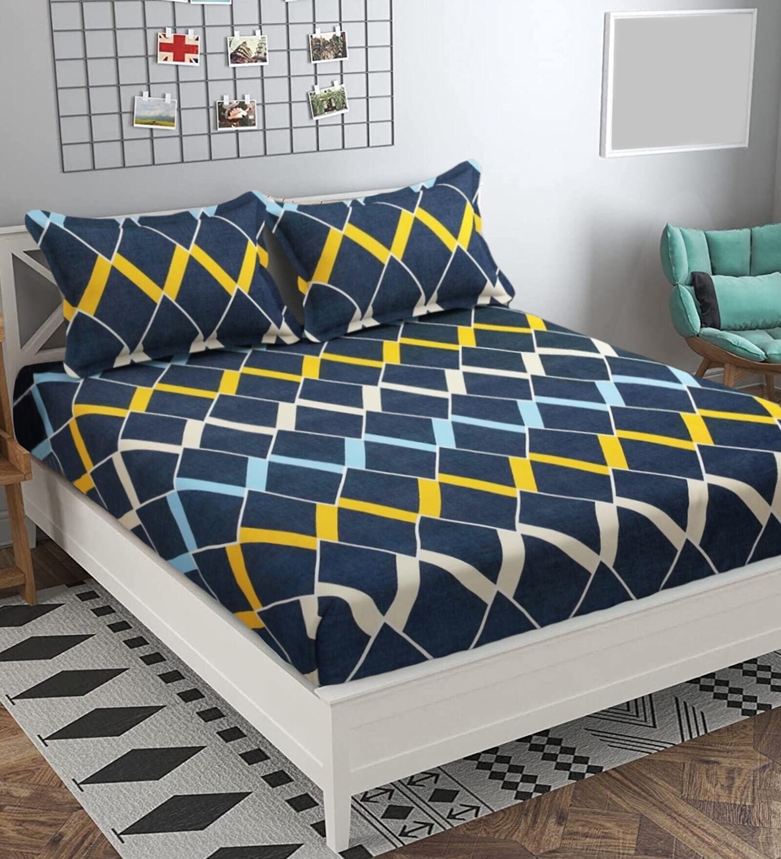 Navy Blue Geometric 160 TC Microfibre Queen Sized Bedsheet with 2 Pillow Covers