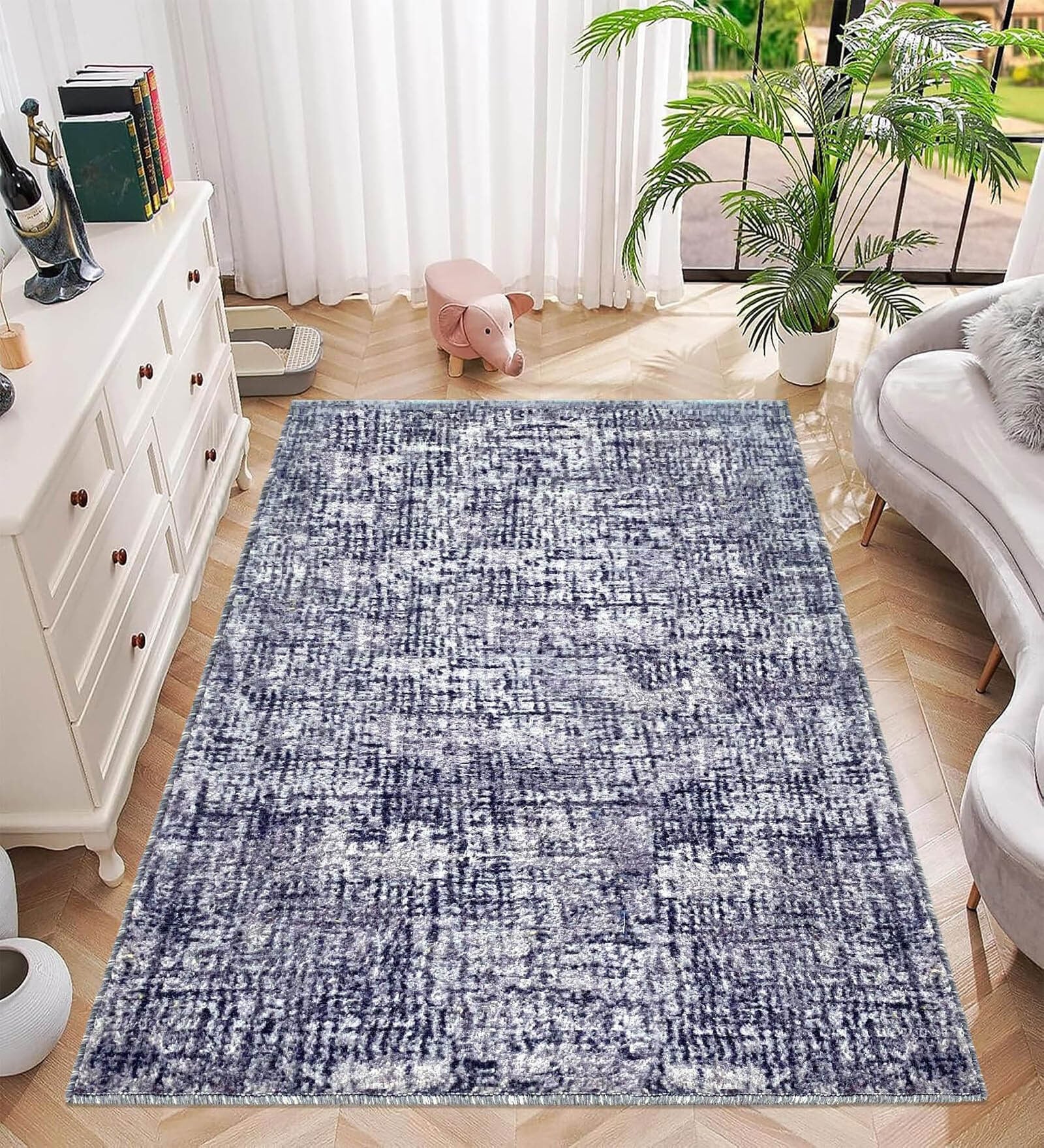 Navy Blue Geometric Nylon 4 X 6 Feet Machine Made Carpet