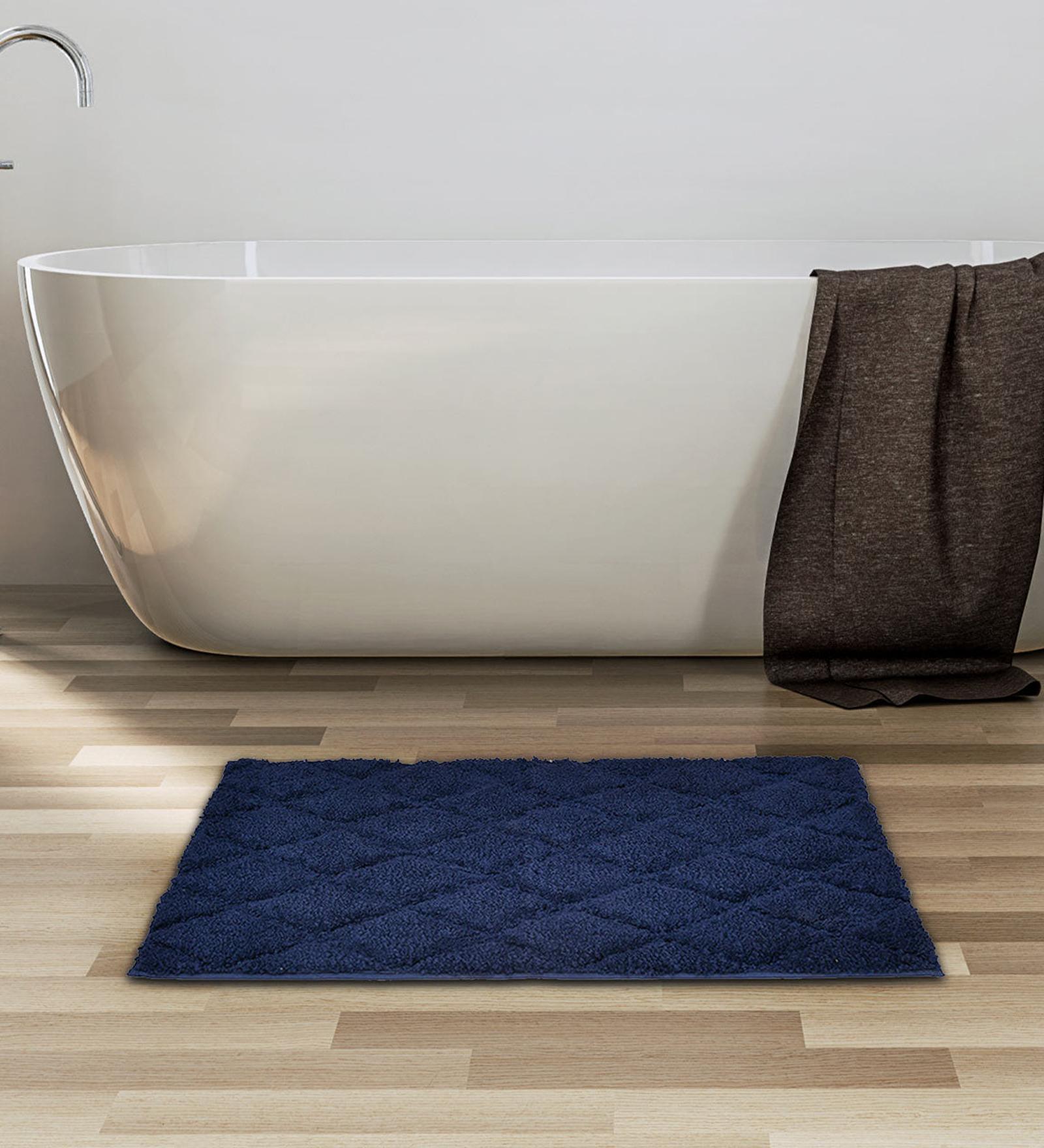 Buy Navy Blue Geometric Polyester 31x15 Inches AntiSkid Bath Mat By