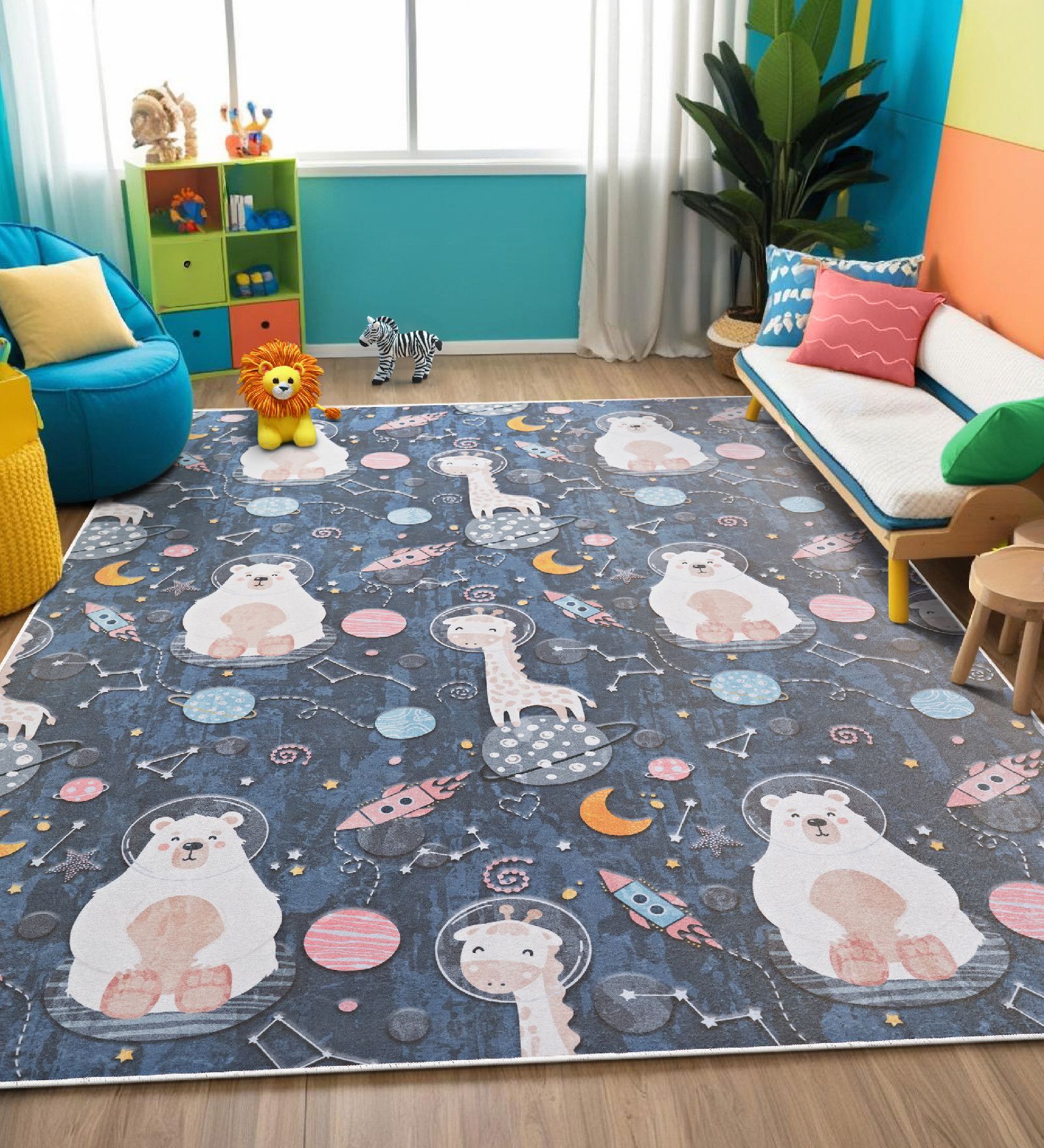 Navy Blue Kids Polyester 8 ft x 10 ft Machine Made Carpet