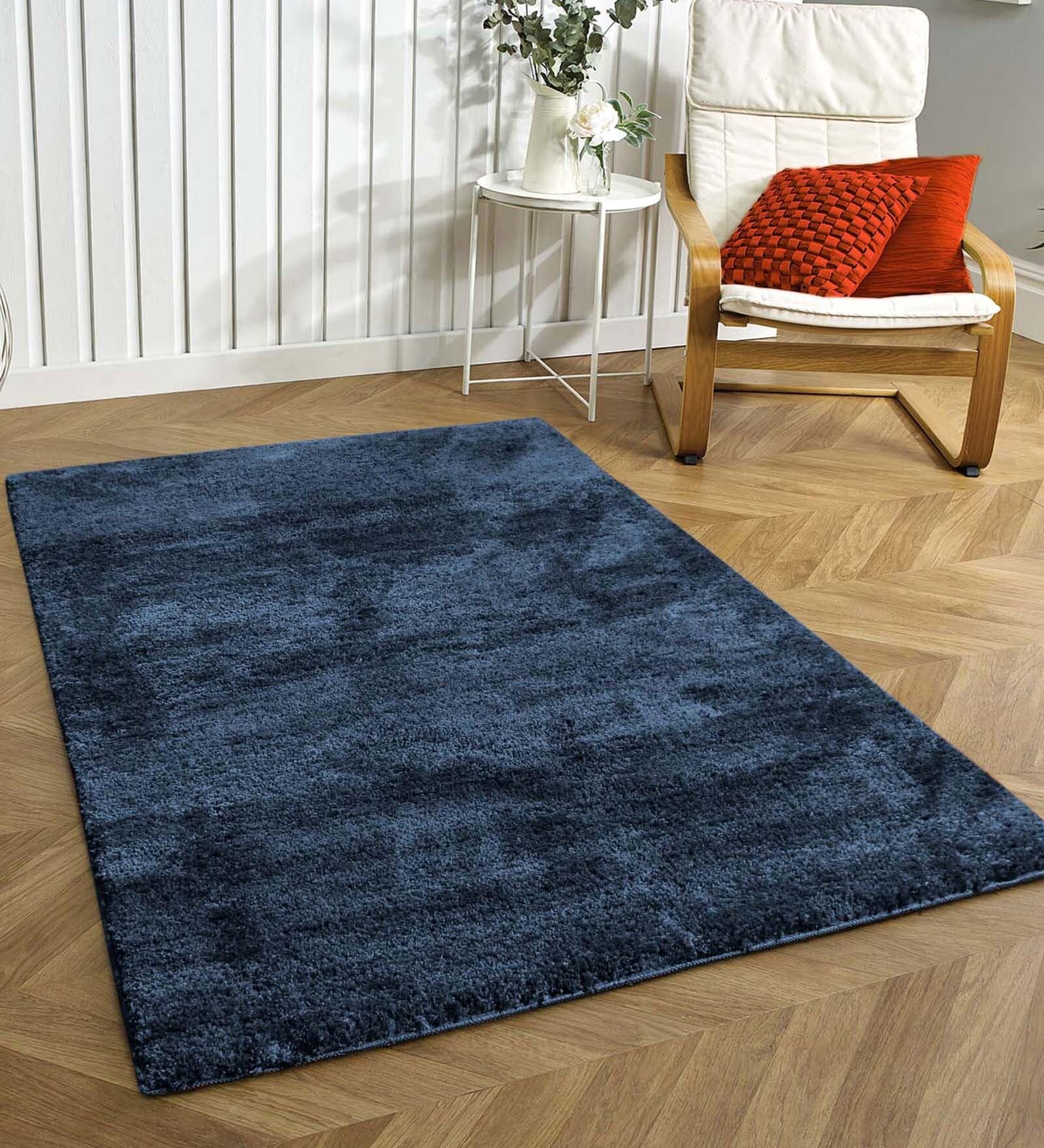 Navy Blue Solid Microfibre 4 ft x 6 ft Machine Made Carpet