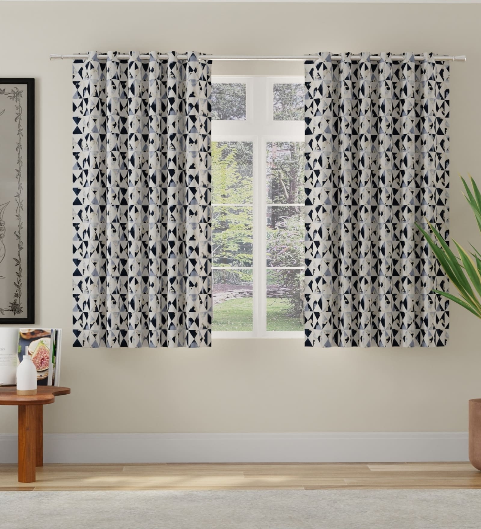 Navy Blue Polyester Abstract 5ft Room Darkening Eyelet Window Curtains (2 Pc)